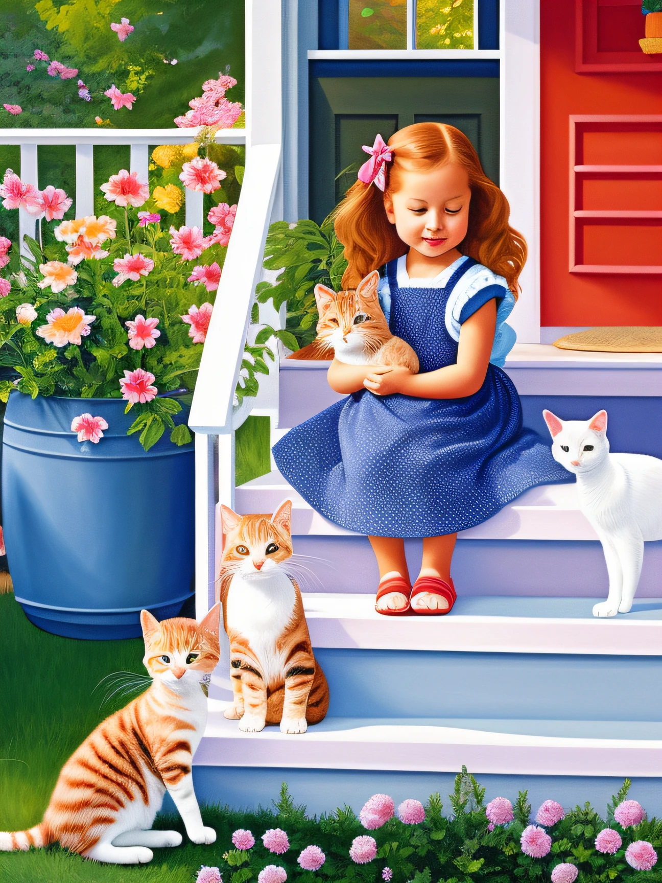 painting of a girl sitting on a porch with her cats, by Kathleen Scott, childrenbook illustration, children’s book illustration, children's book illustration, full color illustration, by Doris Blair, children book illustration, added detail, summer morning, childrens book illustration, by Bernie D’Andrea, summer afternoon, full detail, painting of, by Linda Sutton, by Ronald Davis