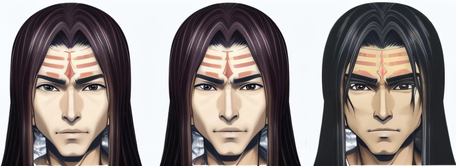 a set of three different images of a woman with long hair, Anime Tribal Boy com cabelo longo, Ashoka Tano, terceiro olho no meio da testa, terceiro olho no meio da testa, Shiva, senhor Shiva, sorriso roguish, ninja scroll estilo anime, Itachi, divindade masculina atraente, Shikanosuke Yagaki, serene expression
