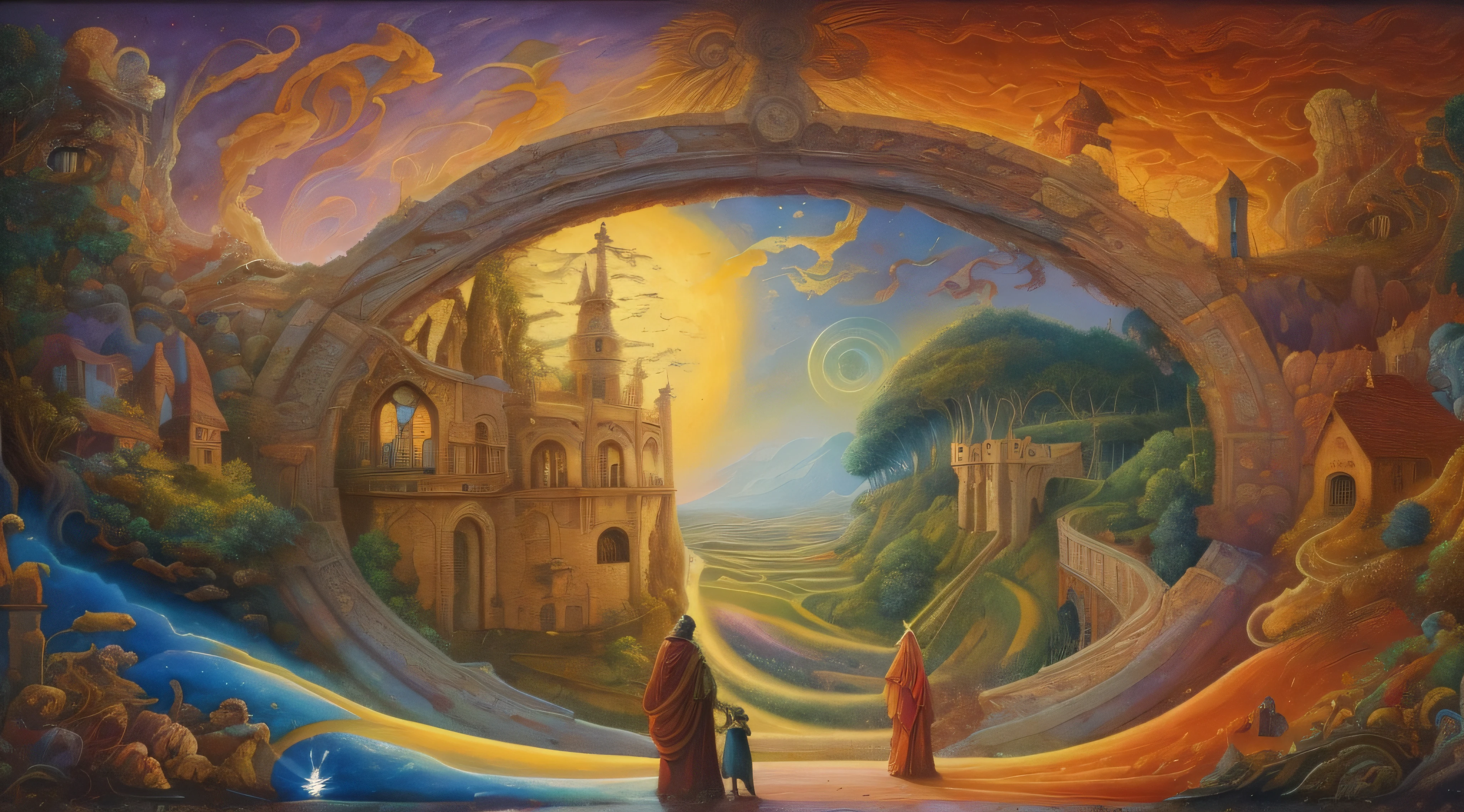 pintura de um homem e uma mulher em frente a um castelo, Painting of a dreamlike landscape, Fantasy oil painting, Pintura realista de fantasia, pintura de fantasia, Arte tolkein, Directed by: Tomek Setowski, inspirado em Johfra Bosschart, inspirado em Vladimir Kush, Arte de fantasia grande angular, Directed by: Vladimir Kush, por Johfra Bosschart, Fantasy oil canvas