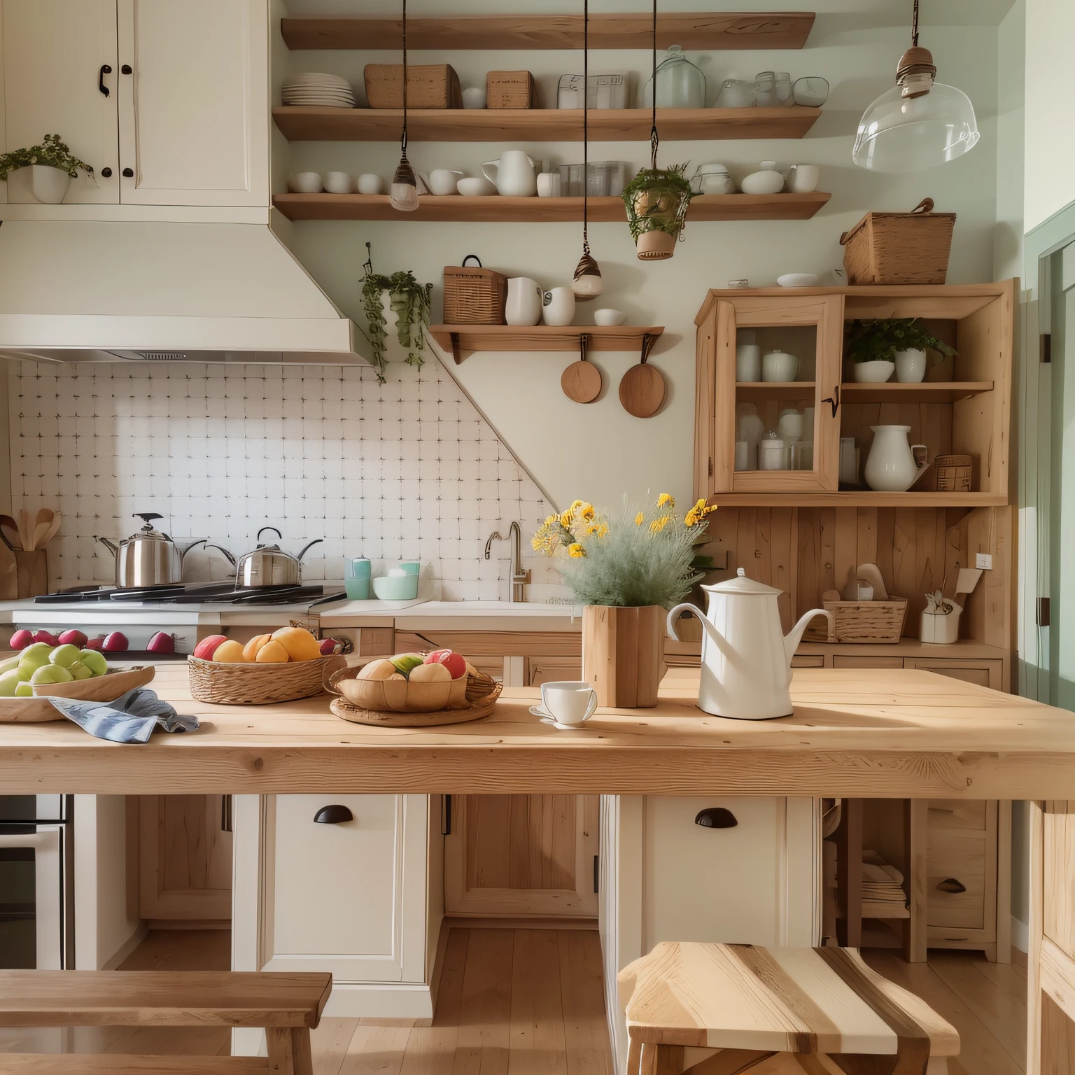 DESIGN DE INTERIORES, uma perspectiva de uma cozinha estilo farmhouse, vasos pequenos com ervas e temperos, Luz Natural, cores claras, rustic furniture, projeto estilo farmhouse, hyper realistic, altamente detalhado, Pintura digital, best quality, trabalho detalhado, Post-processing