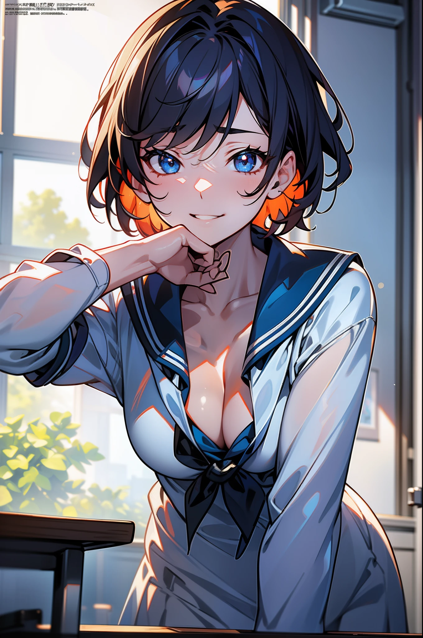Blue-orange curls are curved inward,It belongs to short-haired,There is a strong sense of freshness and freshness,1girl in,((serafuku)), hands on one's face, Lean over with your elbows on the desk, Sit up, Classroom, sunlights, window, see the beholder, Toothy smile, I can see the cleavage:1.2, Best Quality,Ultra-detailed, High resolution, extremely details CG, Unity 8k壁纸, Official art, production art, novel illustration, by famous artist, Caustics, textile shading, super detailed skin, Perfect Anatomy, Detailed, Cinematic lighting, Dynamic lighting, Beautiful detailed eyes, (top-quality), (ultra-detailliert), (masuter piece), (hight resolution), (Original), Character Design, Game CG, Detailed Manga Illustration, Realistic head-to-body size ratio:1.2
