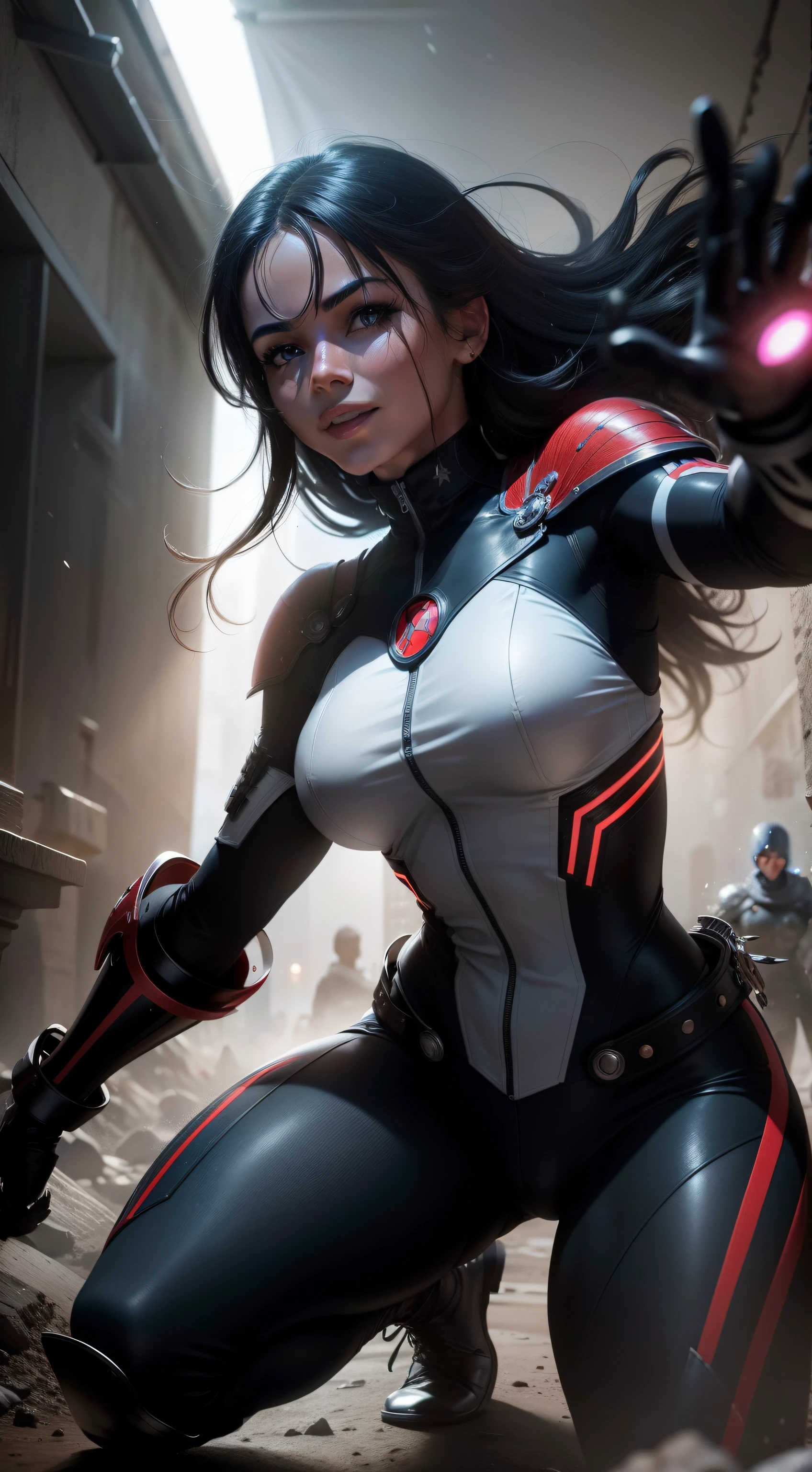 "A black African superheroine woman in a red outfit, pele preta, nariz comprido, cabelos crespos e labios carnudos, Smiling fights a villain masked in black in a post-apocalyptic world, surrounded by zombies and explosions while a meteor rain falls around them, cinemactic, Photo Session, Fotografado na lente de 25mm, profundidade de campo, Tilt Blur, velocidade do obturador 1/1000, F/22, White balance, 32k, Super-Resolution, Por foto RGB, half rear lighting, luz de fundo, dramatic lighting, incandescente, soft lighting, volumetric, Dia do Conto, global ilumination, Global Screen Space Illumination, Scattering, Sombras, Rough, Cintilante, Lumen reflections, screen space reflections, Diffraction Grading, chromatic aberration, Deslocamento de GB, Linhas de varredura, Ambient occlusion, antialiasing, FKAA, TXAA, RTX, SSAO, Sombreadores OpenGL, Post processing, post - production, cell-shading, Mapeamento de Tons, ..cgi, VFX, SFX, Insanamente detalhado e intrincado, Hiper maximalista, elegante, dynamic pose, fotografia, volumetric, ultra-detalhado, detalhes intrincados, super detalhado, ambient –uplight –v 4 –q 2."