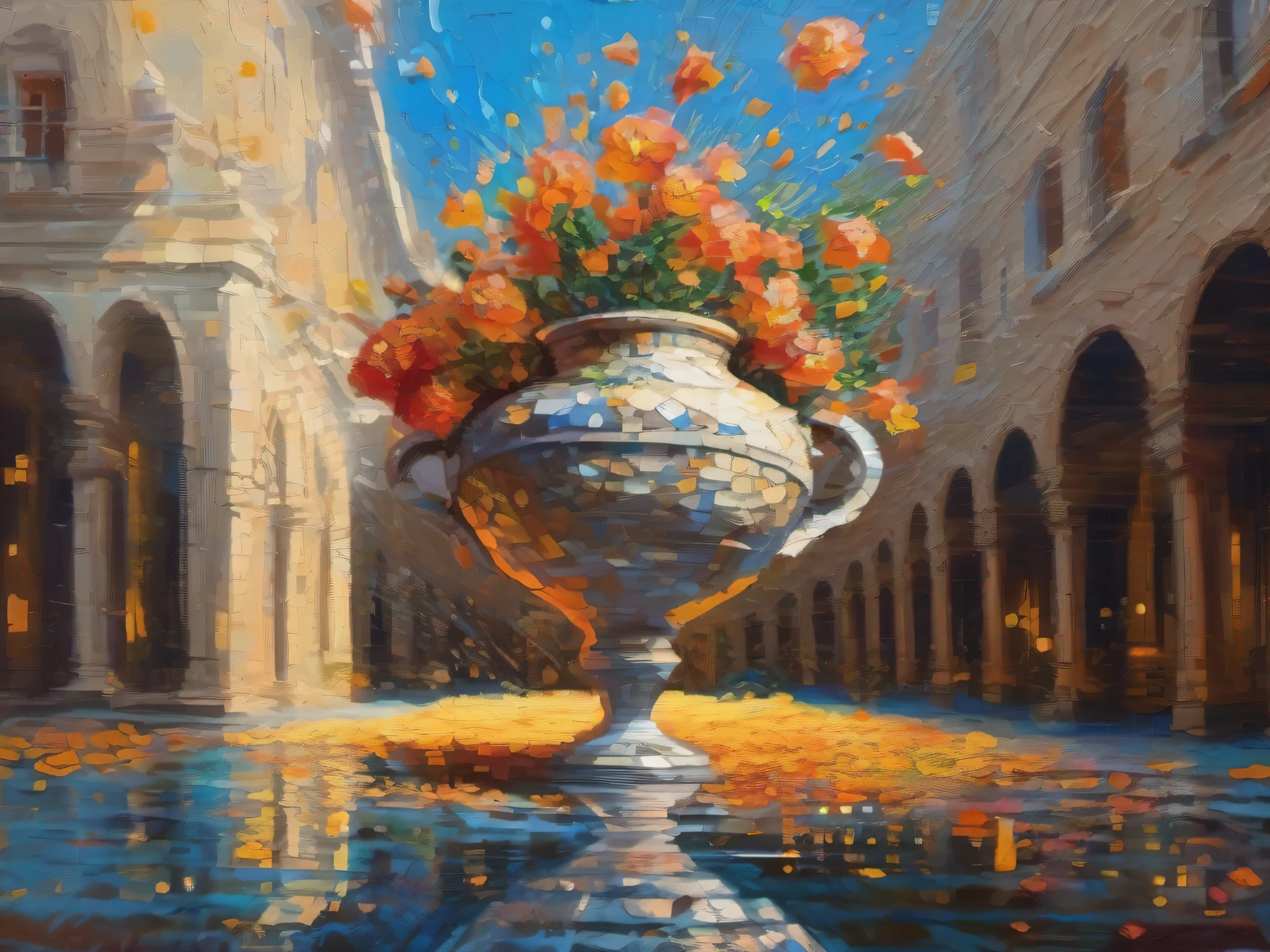 Illustration, micro flower explosion, Flower Vase: Micro Explosions & Sophisticated Architecture., Masterpiece, 16k UHD, acrylic painting, Palette knife, ((impasto)), by greg rutkowski salvadore dali, inception-the-movie-style, sophisticated architecture, arbotecture