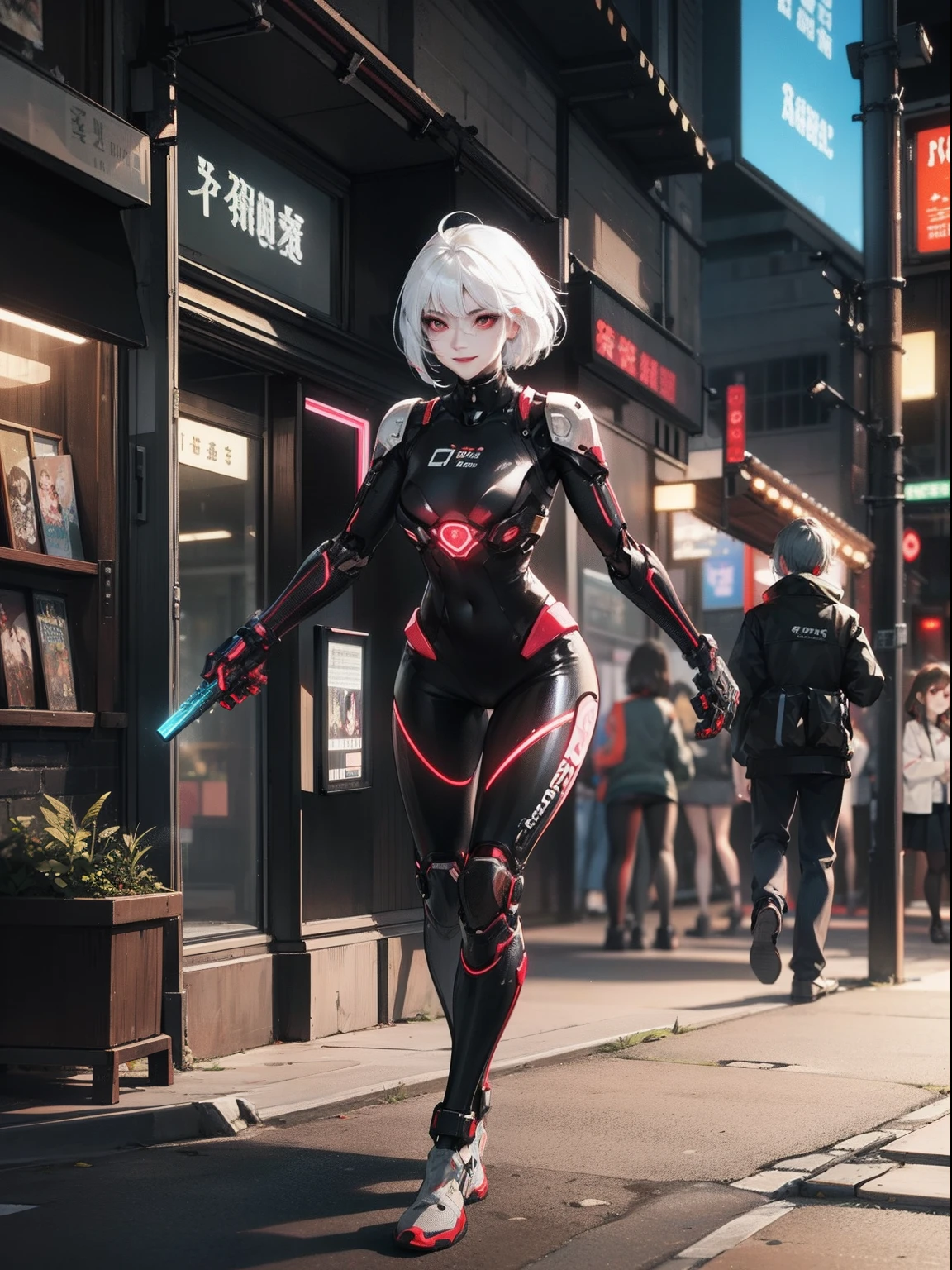 A landscape in a cyperpunk city, neon tokyo, with a young beautiful mature female with short and white hair, red eyes, asian traits, wearing a black and red full body cybernetic suit, hacker vibe, netrunner, badass, running, with a cocky smile, smirk, holding a cyber neon katana, 4K, 3d Octane render, cinematic lighting, Dynamic, Ray Tracing, bloom, 50mm.