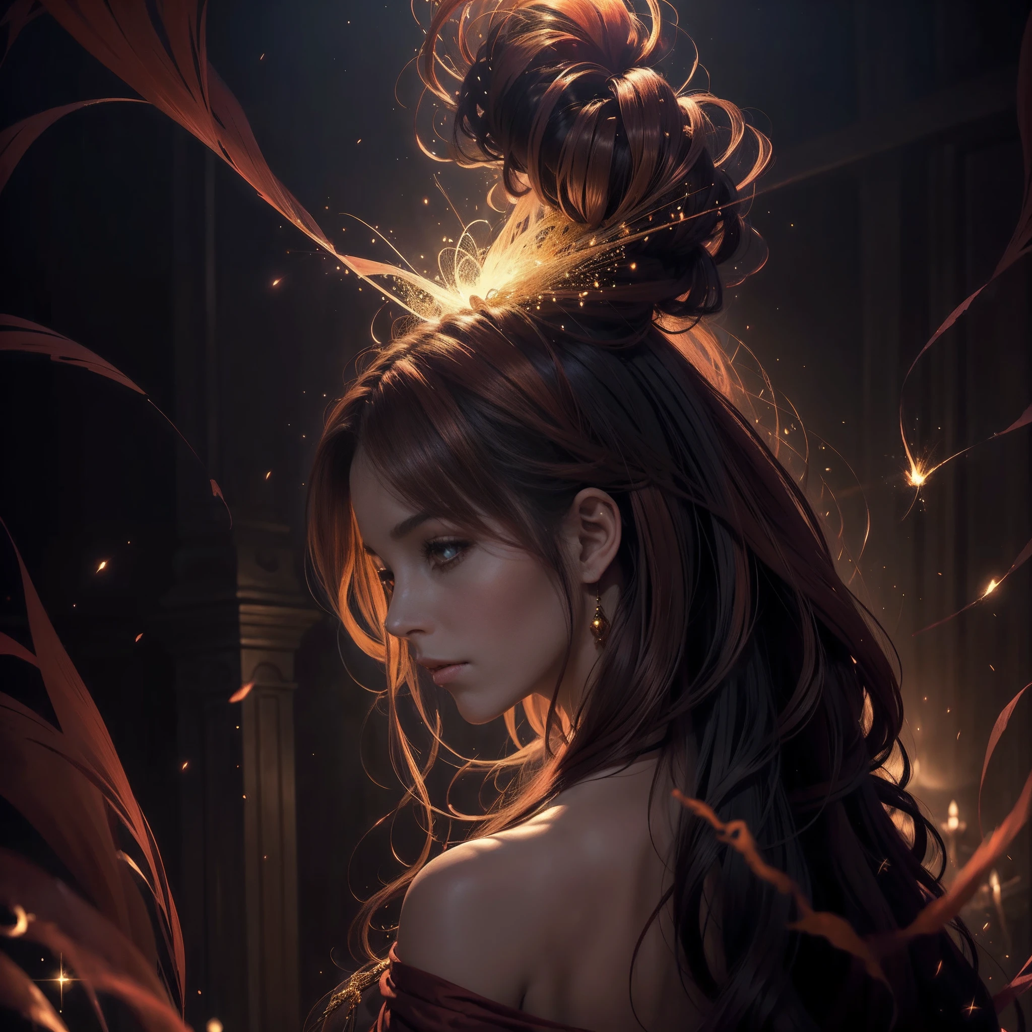 (obra maestra) (La mejor calidad) In a dark room of a strange reddish mist and golden sparks emerges a beautiful and beautiful witch of demonic appearance and great magical powers... Your hair is being lifted upwards by a mysterious wind.