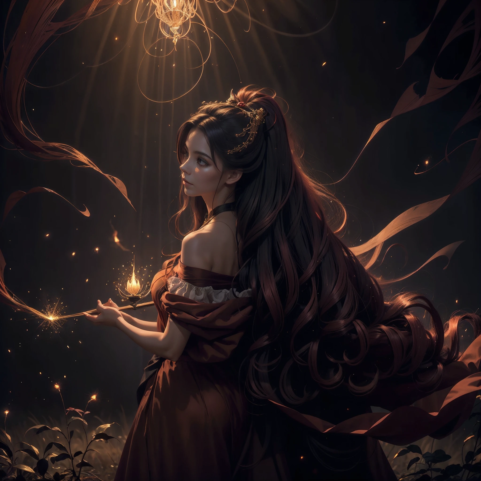 (obra maestra) (La mejor calidad) In a dark room of a strange reddish mist and golden sparks emerges a beautiful and beautiful witch of demonic appearance and great magical powers... Your hair is being lifted upwards by a mysterious wind.