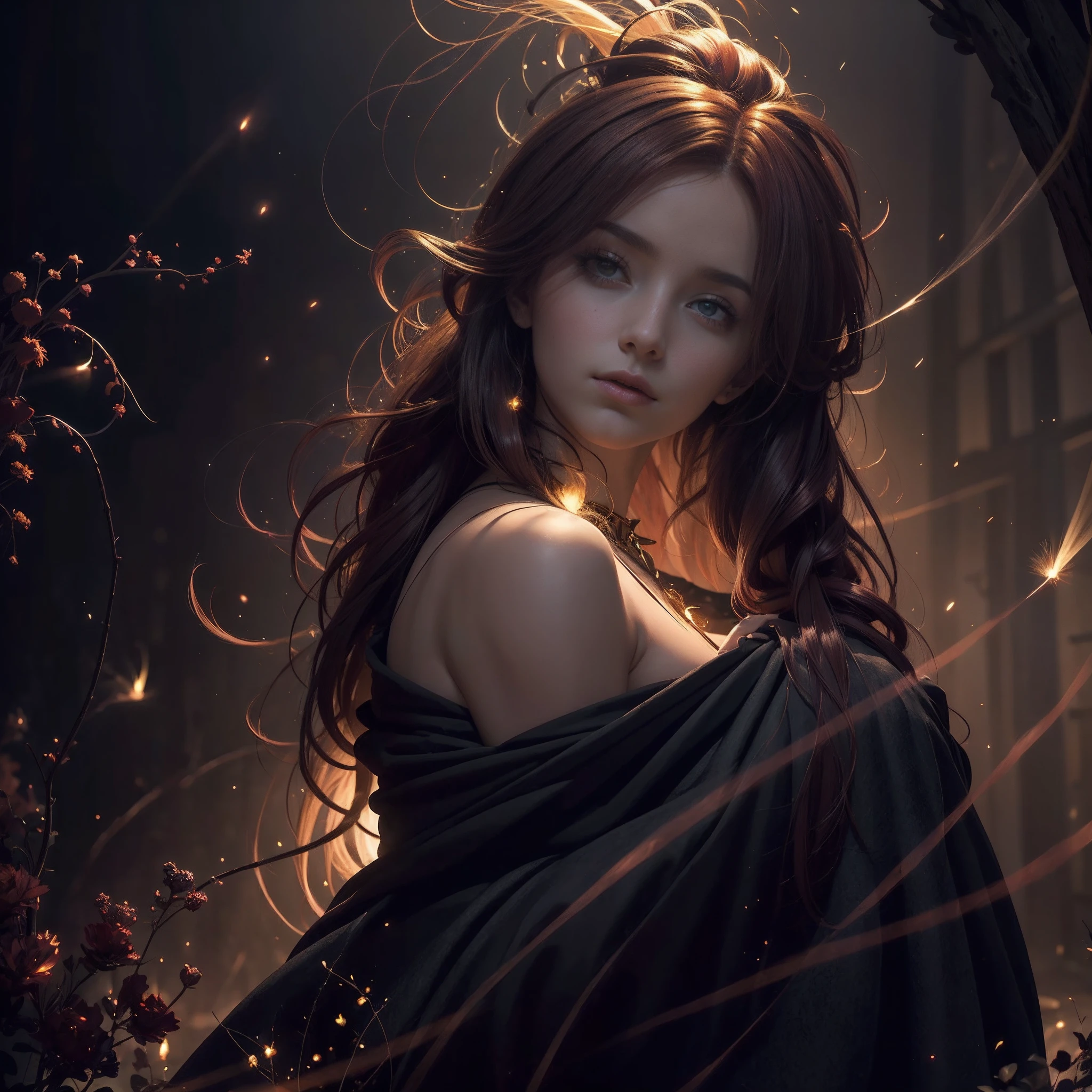 (obra maestra) (La mejor calidad) In a dark room of a strange reddish mist and golden sparks emerges a beautiful and beautiful witch of demonic appearance and great magical powers... Your hair is being lifted upwards by a mysterious wind.