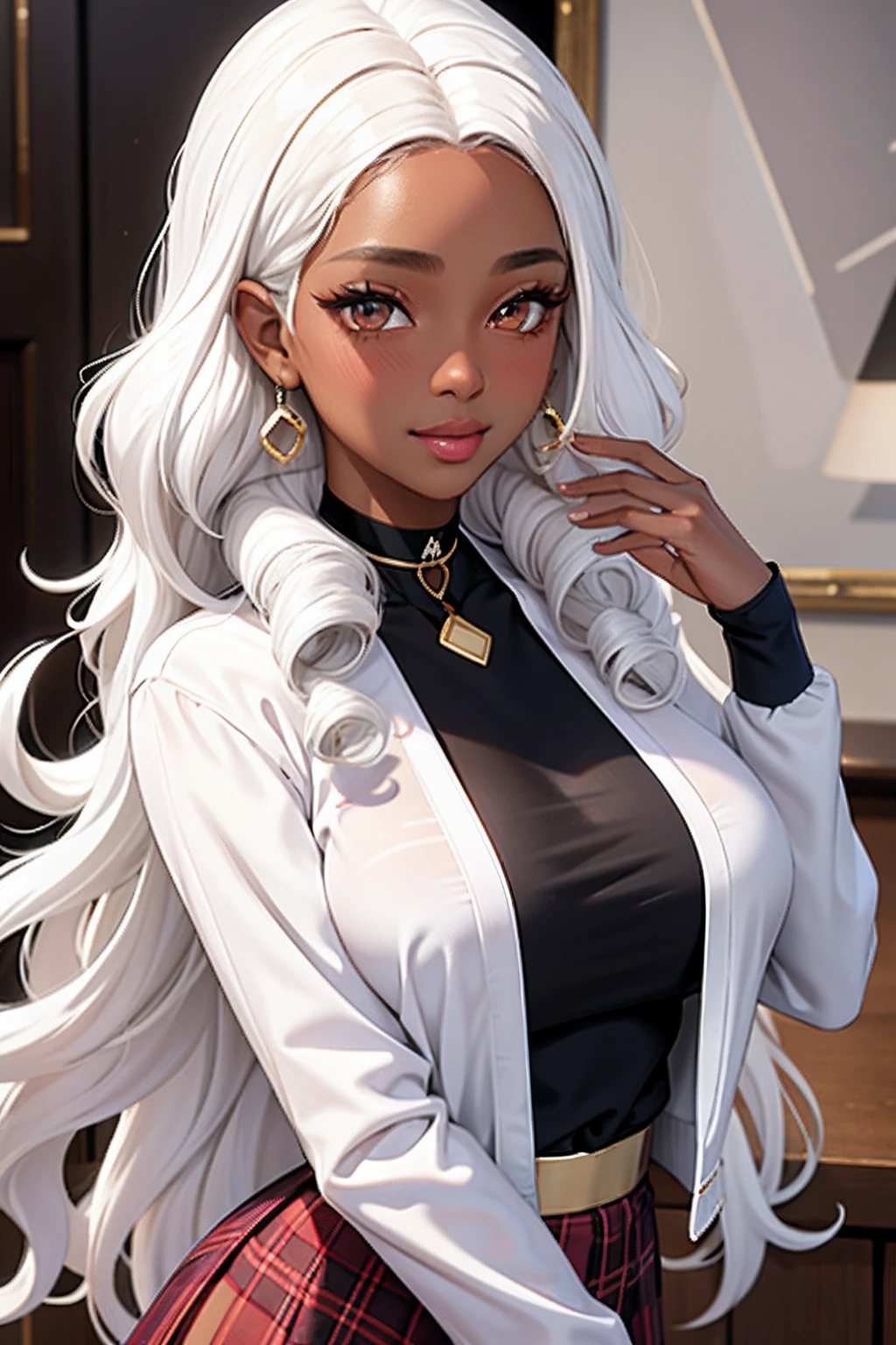 1girl, (best quality:1.1), (masterpiece:1.4), (absurdres:1.0), portrait, 1girl, (voluminous hair)+ , ((curly hair))++, long hair, ((dark skin))++, (((white hair))), (gold eyes), long hair, large breasts, (blush:1.2), smile, (big lips)+, (juicy lips)+, (blush), vibrant colors, eyeliner, lipgloss, blush, sidelocks, (black horns), shiny skin, black choker, white shirt, brown cardigan, sleeves past fingers, plaid skirt