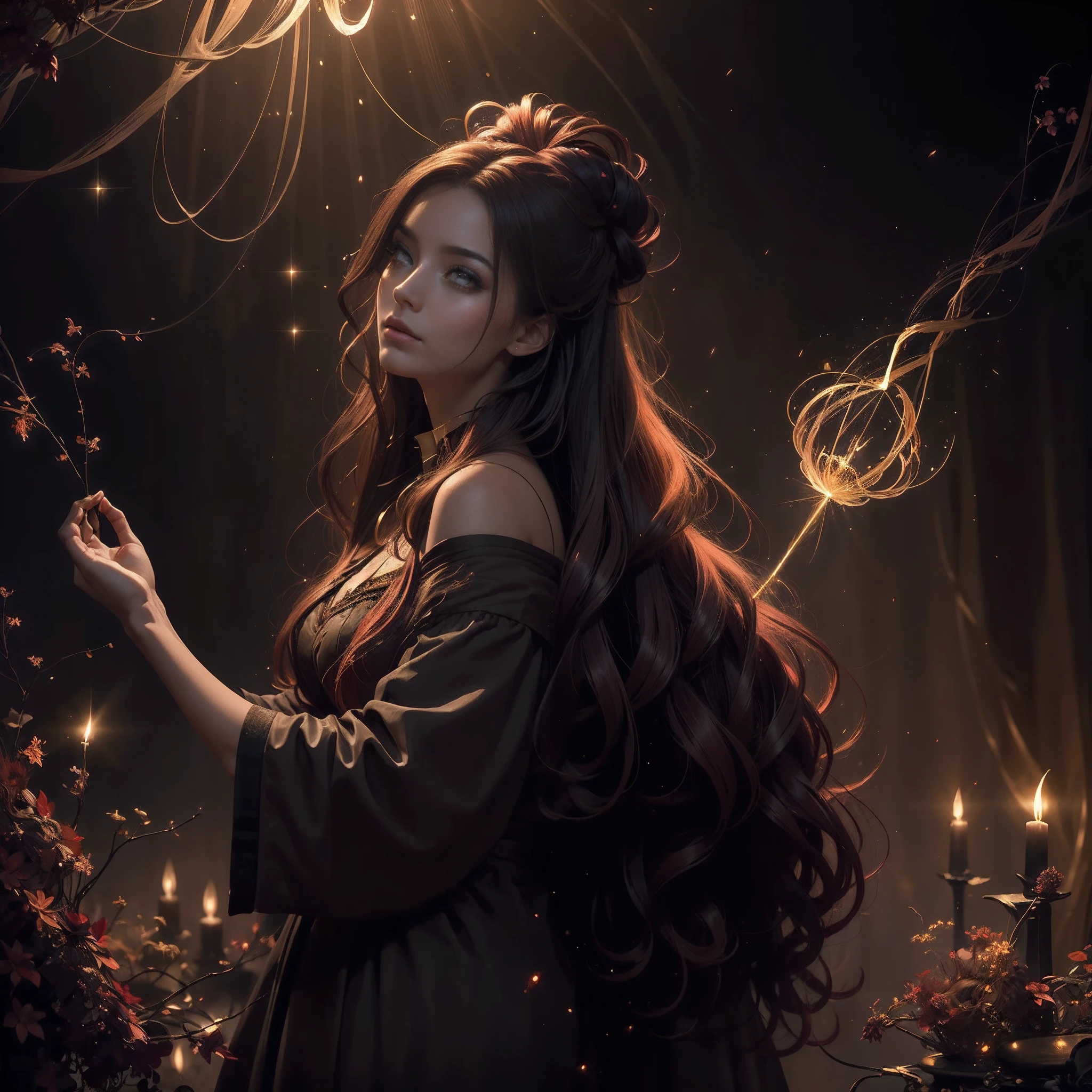 (obra maestra) (La mejor calidad) In a dark room of a strange reddish mist and golden sparks emerges a beautiful and beautiful witch of demonic appearance and great magical powers... Your hair is being lifted upwards by a mysterious wind.