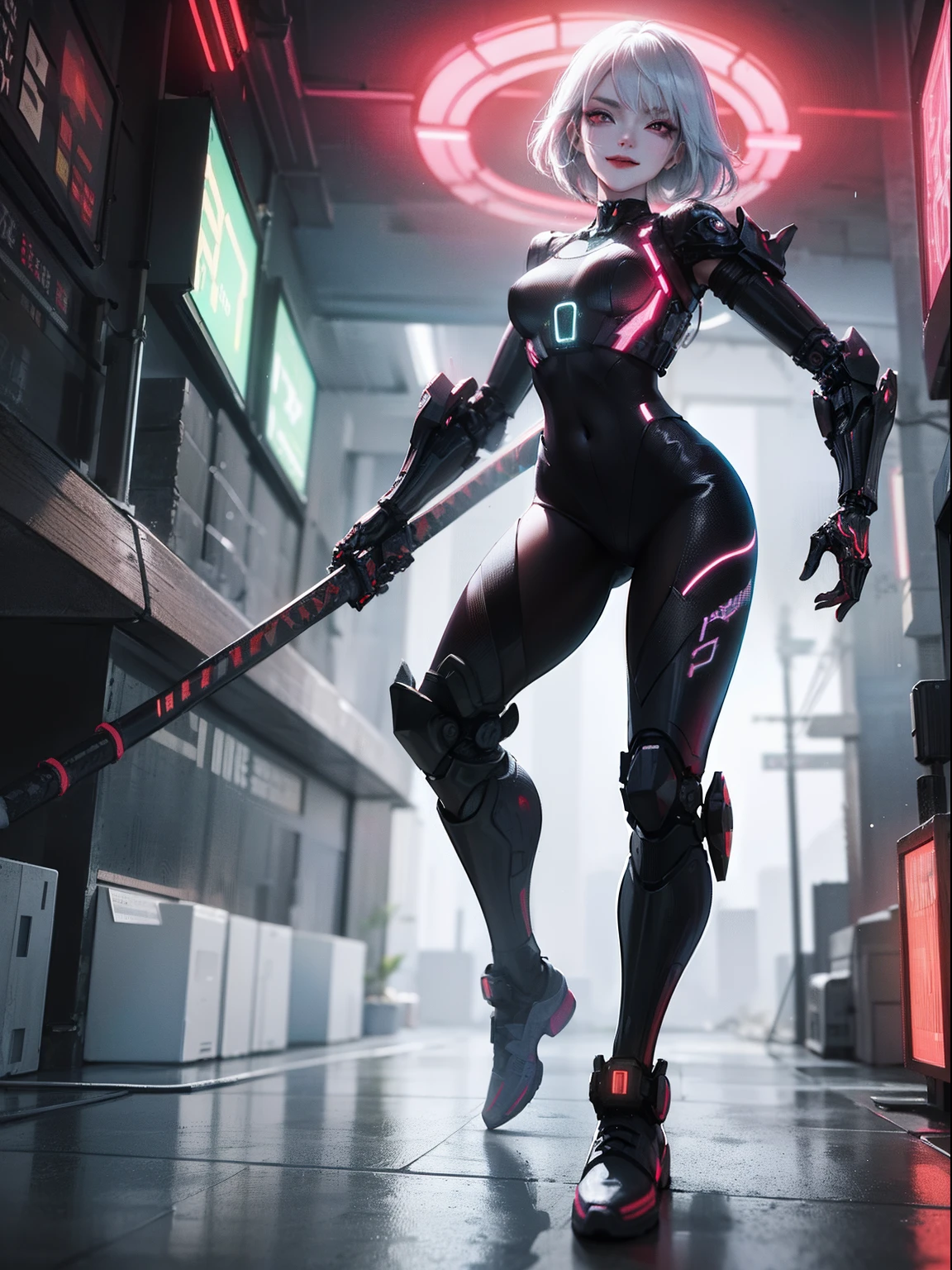 A portrait in a cyperpunk city, neon tokyo, with a young beautiful mature female with short and white hair, red eyes, asian traits, wearing a black and red full body cybernetic suit, hacker vibe, netrunner, badass, running, with a cocky smile, smirk, holding a cyber neon katana, 4K, 3d Octane render, cinematic lighting, Dynamic, Ray Tracing, bloom, 50mm.