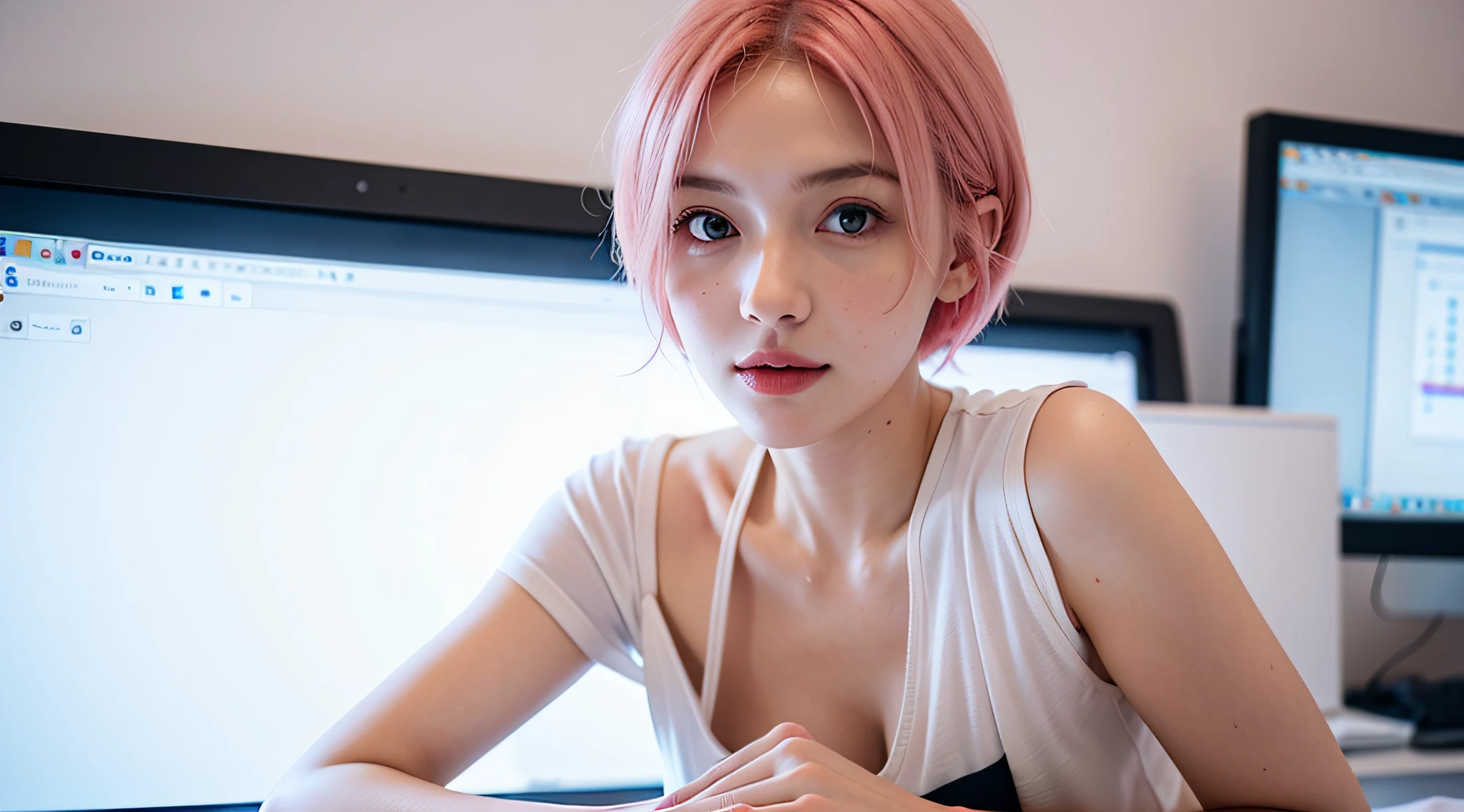 (((Accurate Balla Yana))) ukrainian 30 years old, perfect fit body, top model, dyed pink hair, olive skin, skin imperfections1.33, hard face features (ukrainian) face, sexy pose, hyper realistic, hyper detailed, 35mm, ISO200