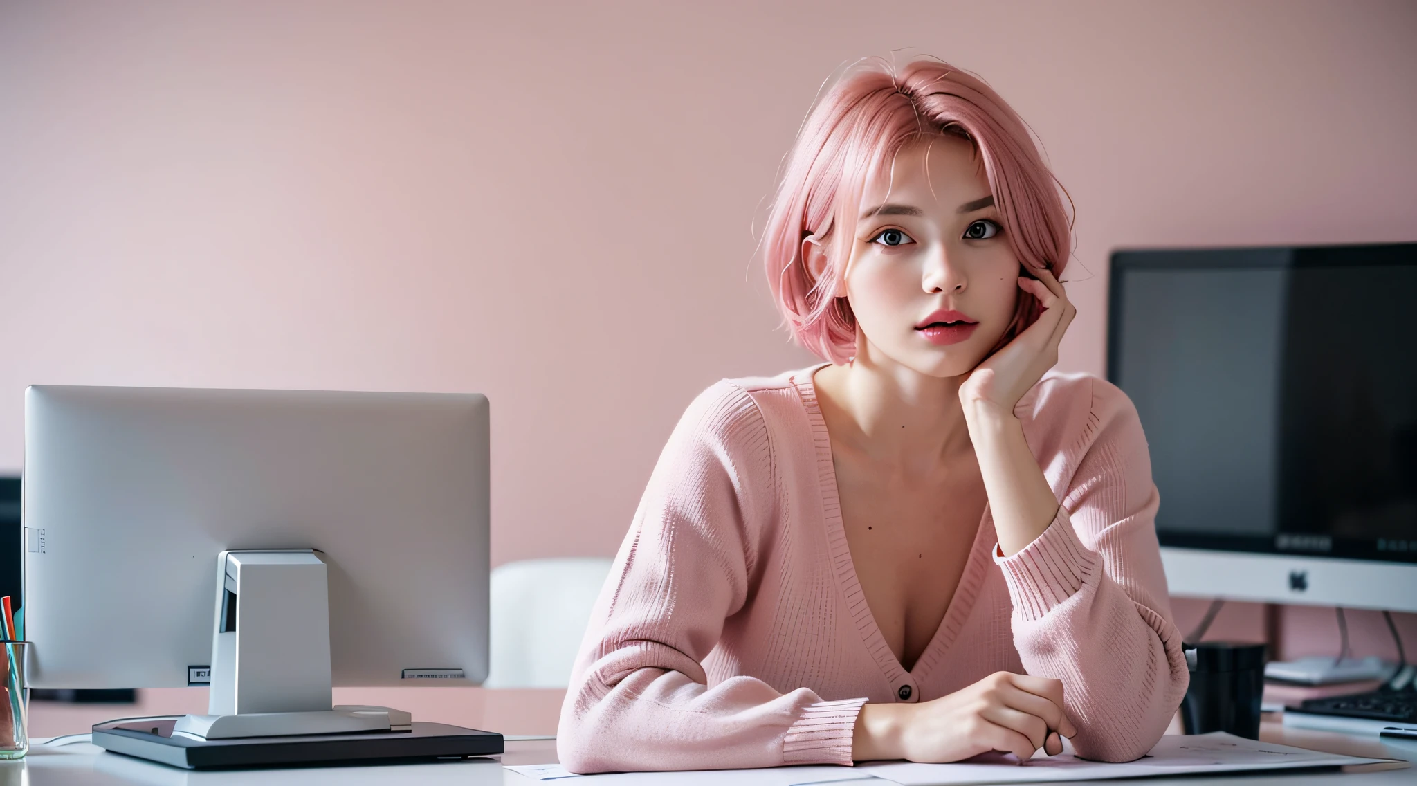photo of a woman sitting on desk in front of a laptop , with money stacks , cute girl , confident look, with short pink hair, jovana rikalo, full subject shown in photo, professional image , medium portrait, wide portrait, young business woman, color portrait, with pink hair, high quality portrait , aleksandra waliszewska