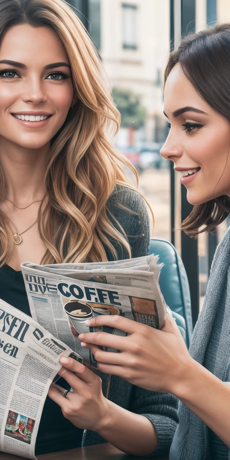 Hyper-realistic 16k image with two beautiful women, one blonde and the other brunette, having coffee in a coffee shop and reading newspapers with enthusiasm while noticing, beside, several scenes of social inequalities in the city of São Paulo. -auto --auto --s2
