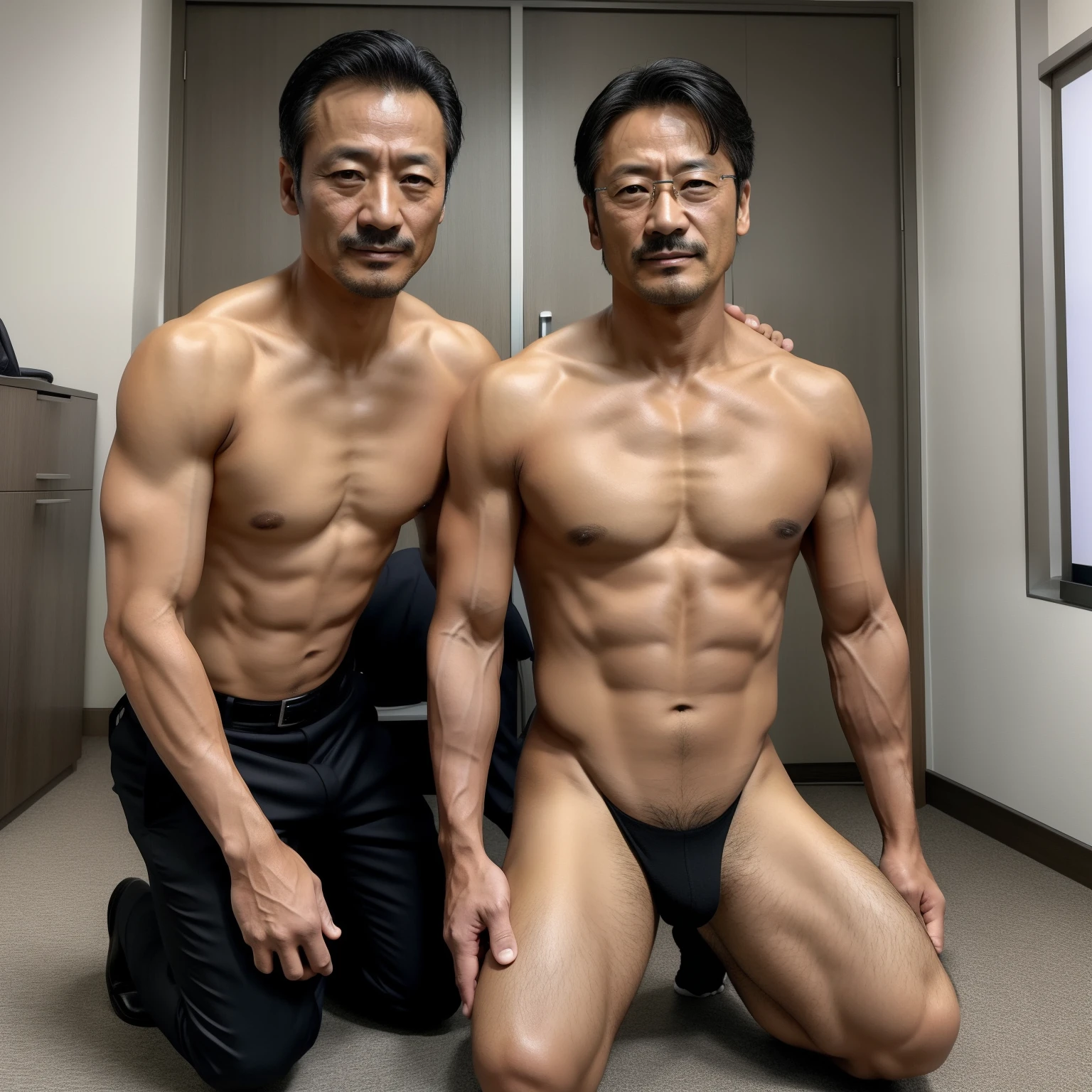 45 yers old,Hidetoshi Nakata ,Kogoro Mouri0.8,office room,The face is well defined,Black socks,little beard, Two muscular men kneeling,Strip naked