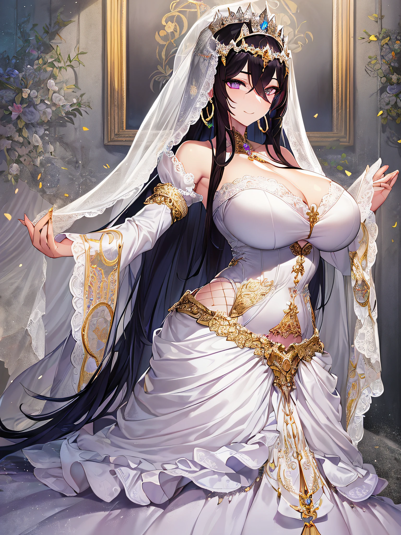 ((anime artstyle)),Masterpiece,Best Quality,Super Detail,Very Delicate and Beautiful,Solo,((full body)),((1 arrogant queen wearing beautiful embroidery gorgeous stately white wedding dress with voluminous hoop skirt)),crinoline,(gigantic tits,Long tits,skindentation),jewel-like eyes,(((arrogant,haughty))),dominant pose,(haughty smile),Sharp eyes,Purple eyes,((Bangs between eyes,voluminous straight hair,extremely Long straight Hair)),black hair,((gorgeous embroidery and lace)),enormous puffed sleeves,luxury hair ornament,extremely gorgeousfull jeweled tiara,long train,bling-bling gorgeous gemstone jewelry,long wedding veil,detailed face and eyes,full body,((beautiful embroidery gorgeous stately white wedding dress with voluminous hoop skirt))