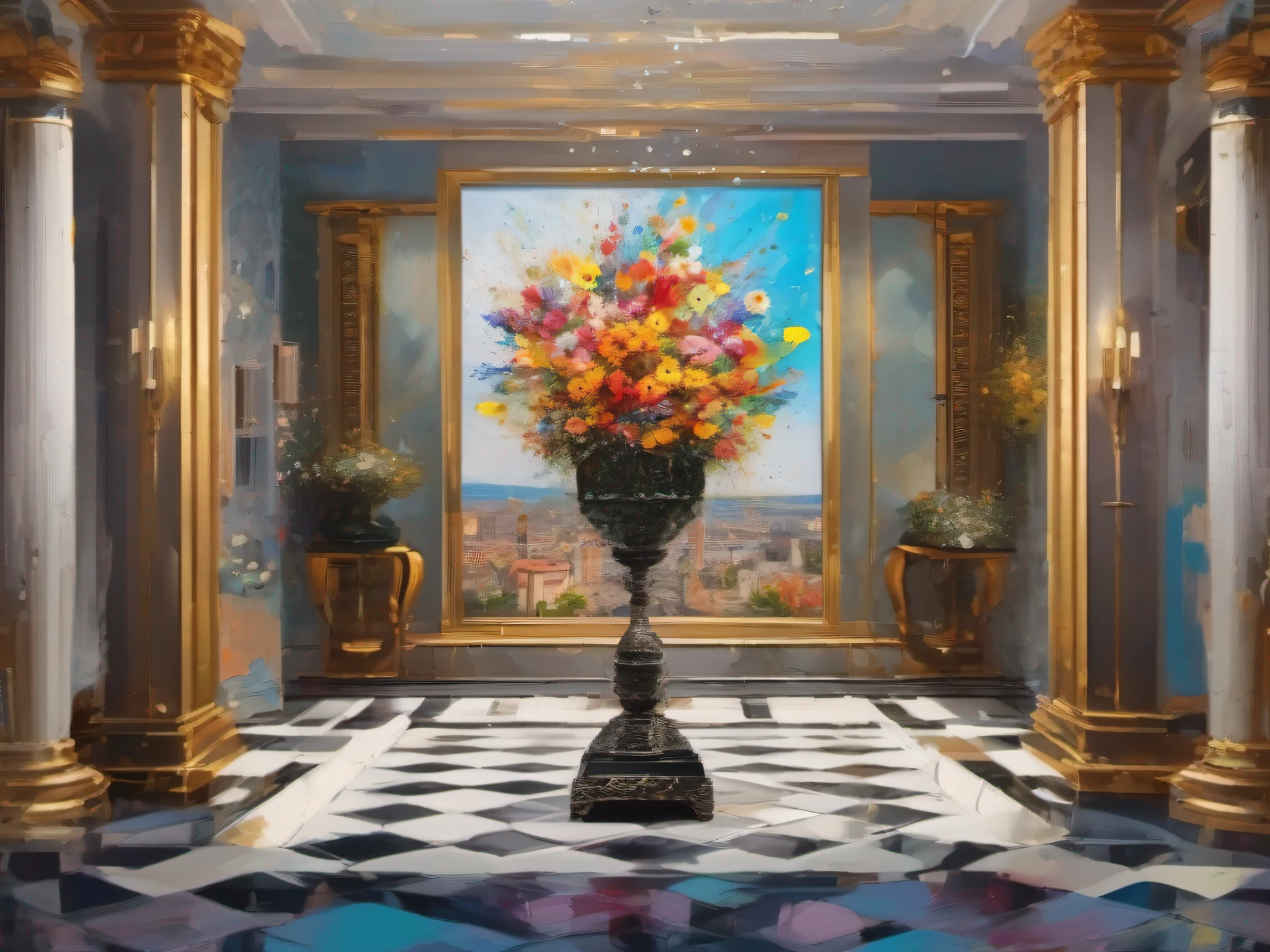 Illustration, micro flower explosion, Flower Vase: Micro Explosions & Sophisticated Architecture., Masterpiece, 16k UHD, acrylic painting, Palette knife, ((impasto)), by greg rutkowski salvadore dali, inception-the-movie-style, sophisticated architecture, arbotecture