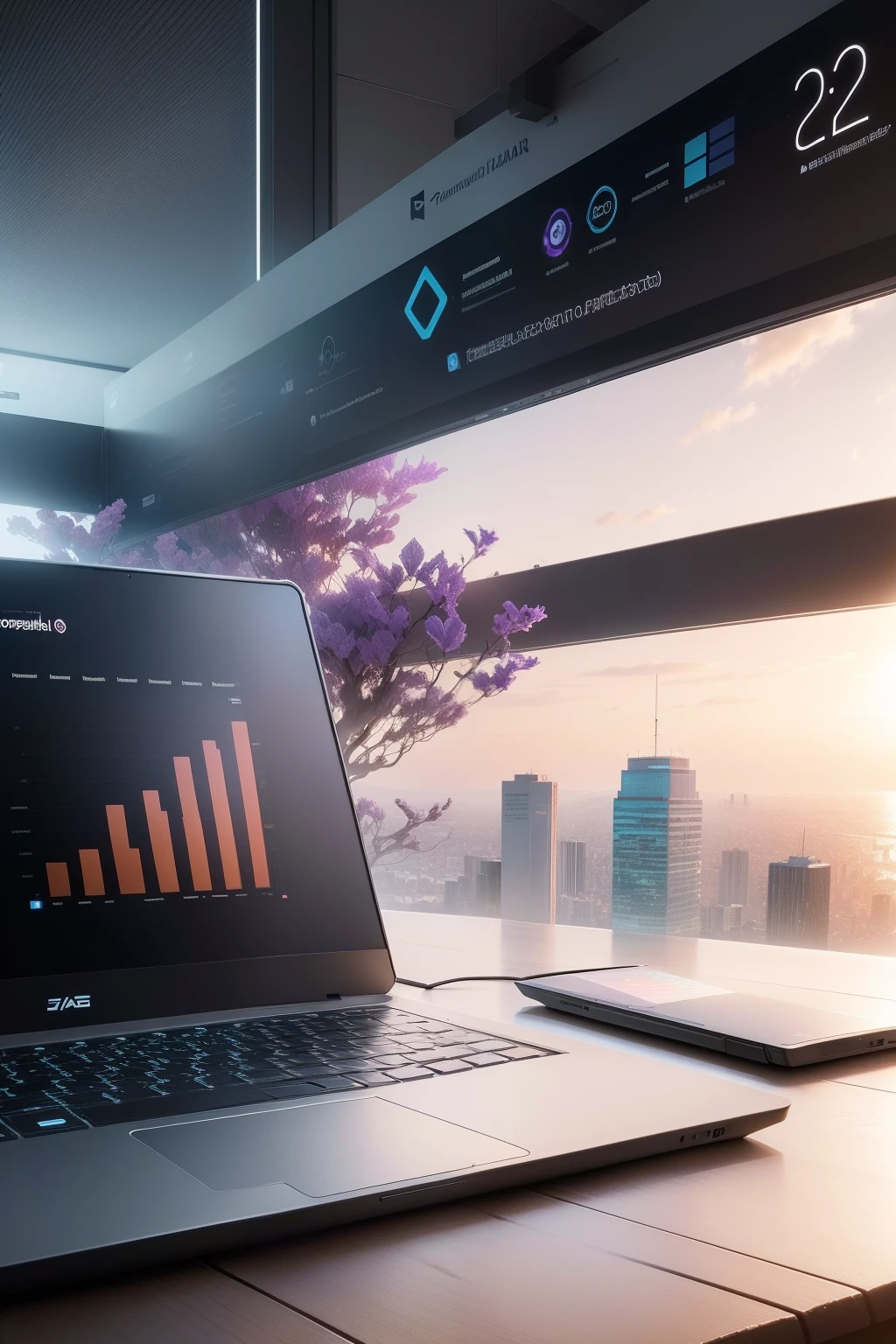 "Crie uma arte que apresente um laptop em tons de roxo. Fazer laptop, Create dynamic charts that flow with a sense of growth and technology. Charts can represent bar charts, ascending rows or increasing data patterns. A tonalidade de roxo deve ser moderna e sofisticada, conveying a sense of innovation. The image should capture the intersection of technology and growth, providing an inspiring vision of positive results." apenas computador