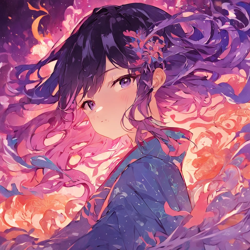 (fondo violeta claro:1.4),(Silueta de una mujer, cabello largo y colorido, Oriental elementos),(Chinese illustration:1.3,Arte en papel:1.3, Arte de papel acolchado:1.2),( Reasonable design, Clear lines, Alta nitidez,La mejor calidad, muy detallado, Obra maestra, Film light effect, 4k )