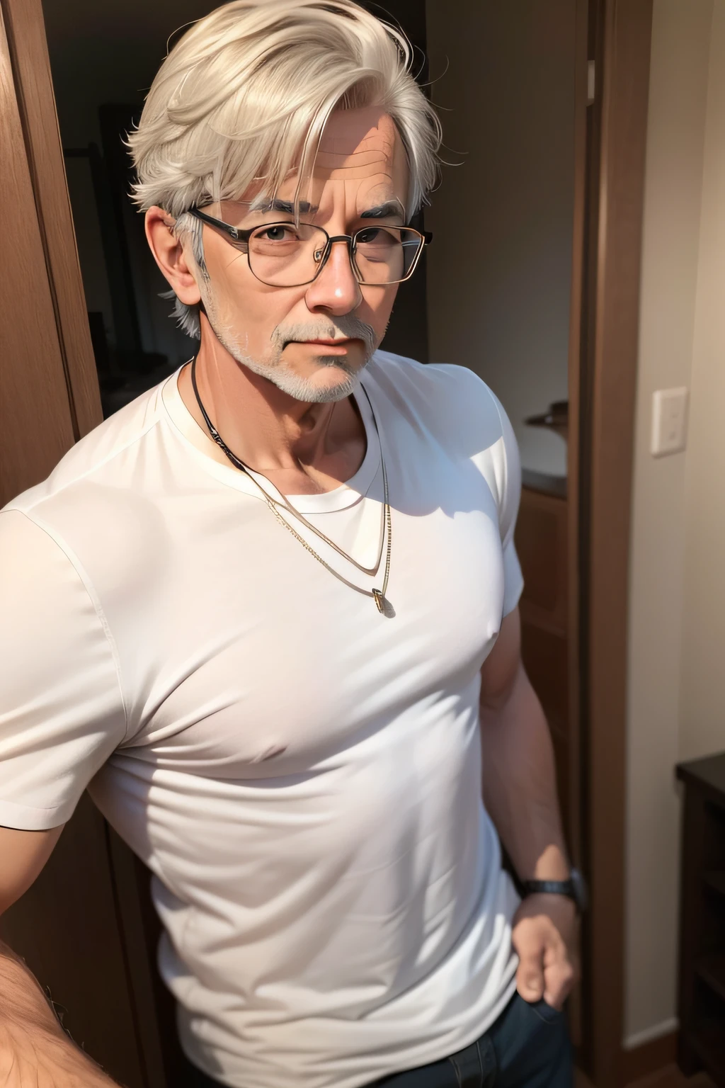 Young man in his 50s with glasses and normal body