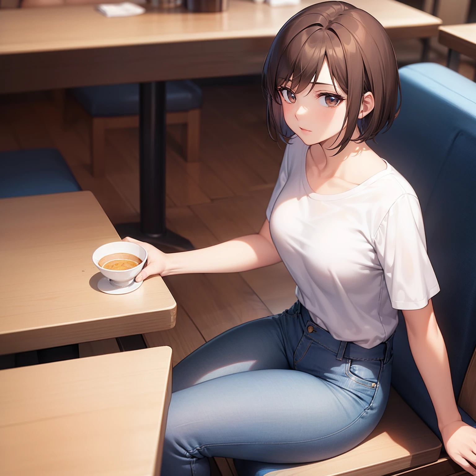 Woman, short hair, brown eyes, medium chest, blue plain shirt, jeans, sitting in a restaurant eating
