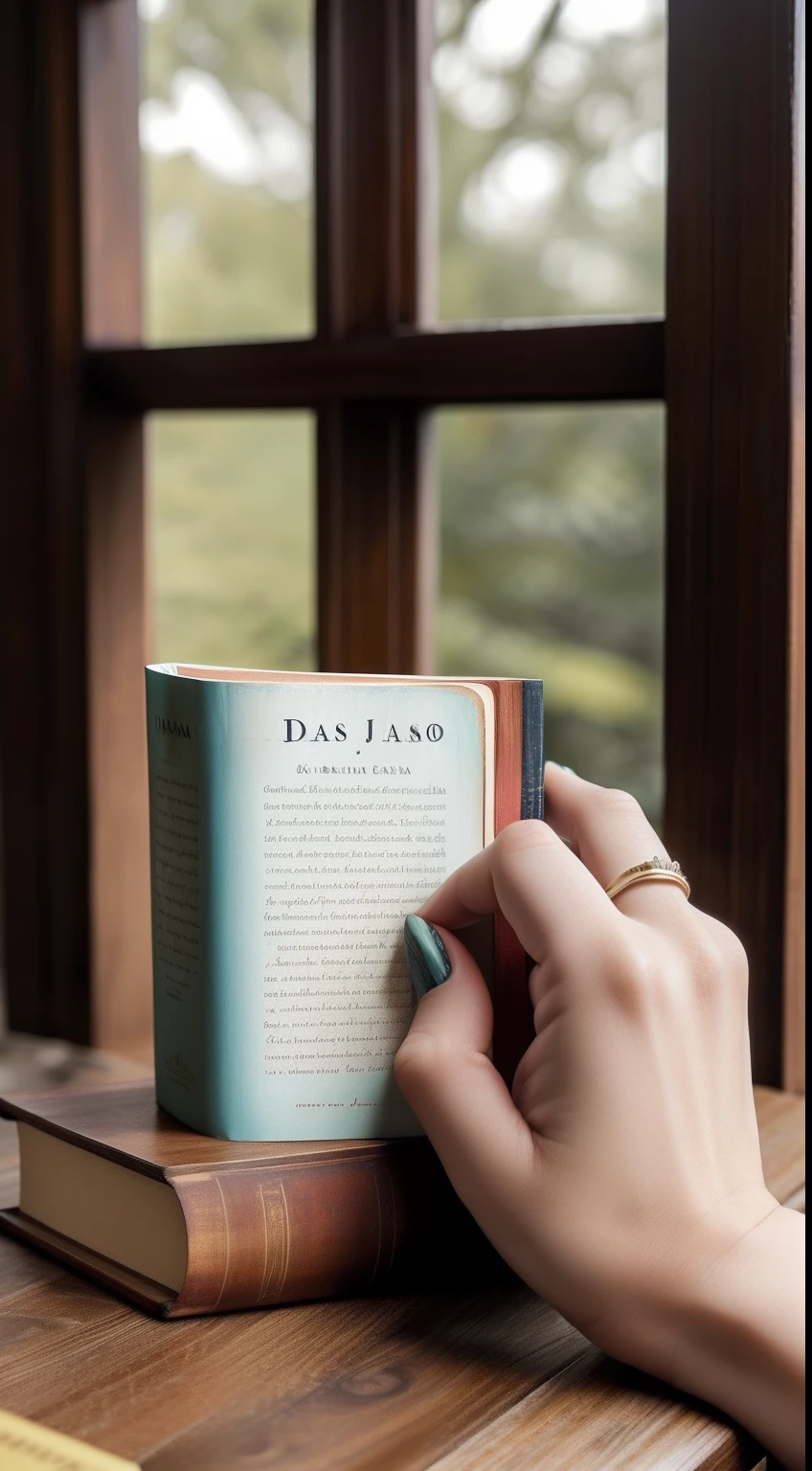 Foto olhando de cima para baixo, A wooden table with a cup of coffee and a book called Daisy Jones, female hand touching the book cover, nails painted in color, female hand, mood, pale skin