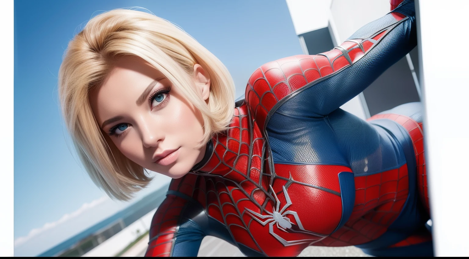 spider-girl blonde Sexy com pose de heroi