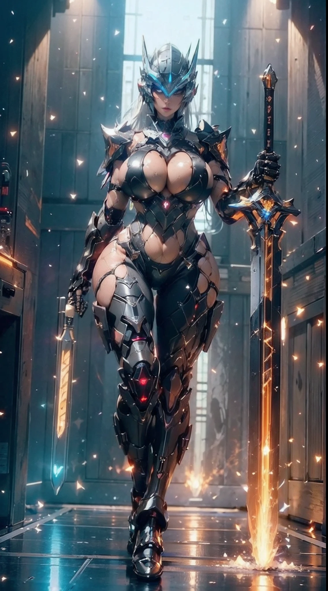 ((Unreal Engine 5)), Realistic Rendering, Excellent, (Full bodysuit:1.2), (breastplate), (helm), looking on camera, 1girl standing on studio, beautiful face, (kpop makeup), CGImix, (photorealism:1.2), ultrarealistic uhd face, (huge fake boobs:1.4), (gigantic breasts:1.1), (muscle abs), (big butt), (wide hips), (thick thighs), slim waist, hourglass figure, half body, ((glowing skin)), ((shiny skin)), Realistic perfect body, ((she is sexy body)), ((clean skin)), photorealistic, bokeh, motion blur, masterpiece, highres, 1080P, super detail, textured skin.
