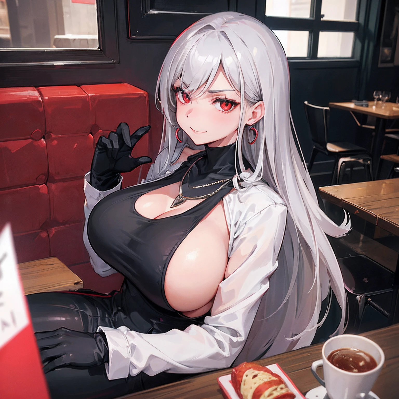 1girl, expensive bodycon dress, big boobs, necklace, earrings, grey straight hair, medium hair, red eyes, in an aesthetic cafe , sexy pose, smirking, looking at me