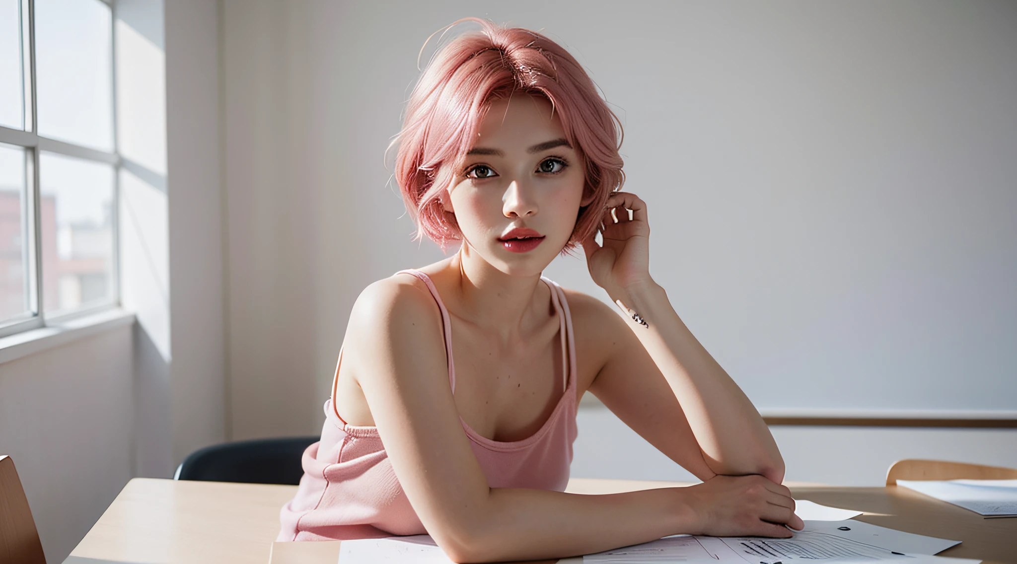 photo of a woman sitting at a desk with money stacks , cute girl with short pink hair, jovana rikalo, full subject shown in photo, professional image, creative Youtuber with whiteboard , medium portrait, wide portrait, young business woman, color portrait, with pink hair, high quality portrait, white board in the background, aleksandra waliszewska