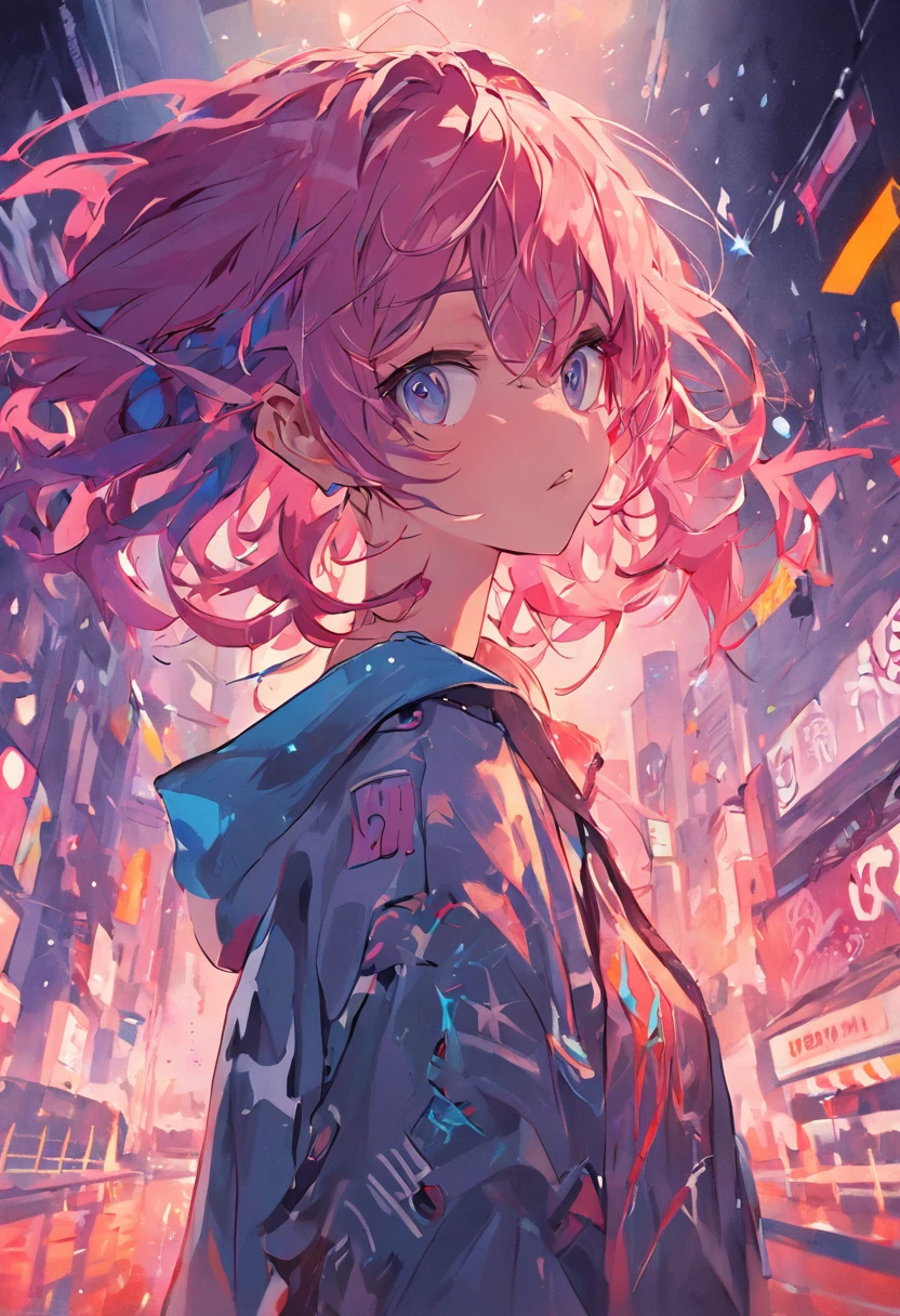 Masterpiece, illustration, high quality, realistic eyes, ultra detailed character, graffiti style, monochrome, multicolored drawing, multicolored hair, looking at camera, portrait, 1girl, stomach cutout, skinny, very short + straight hair, Multiple earrings, choker, chain choker, baggy pants, wind, spray splash, neon sign, UHD, HDR, 8K, best quality, detailed background