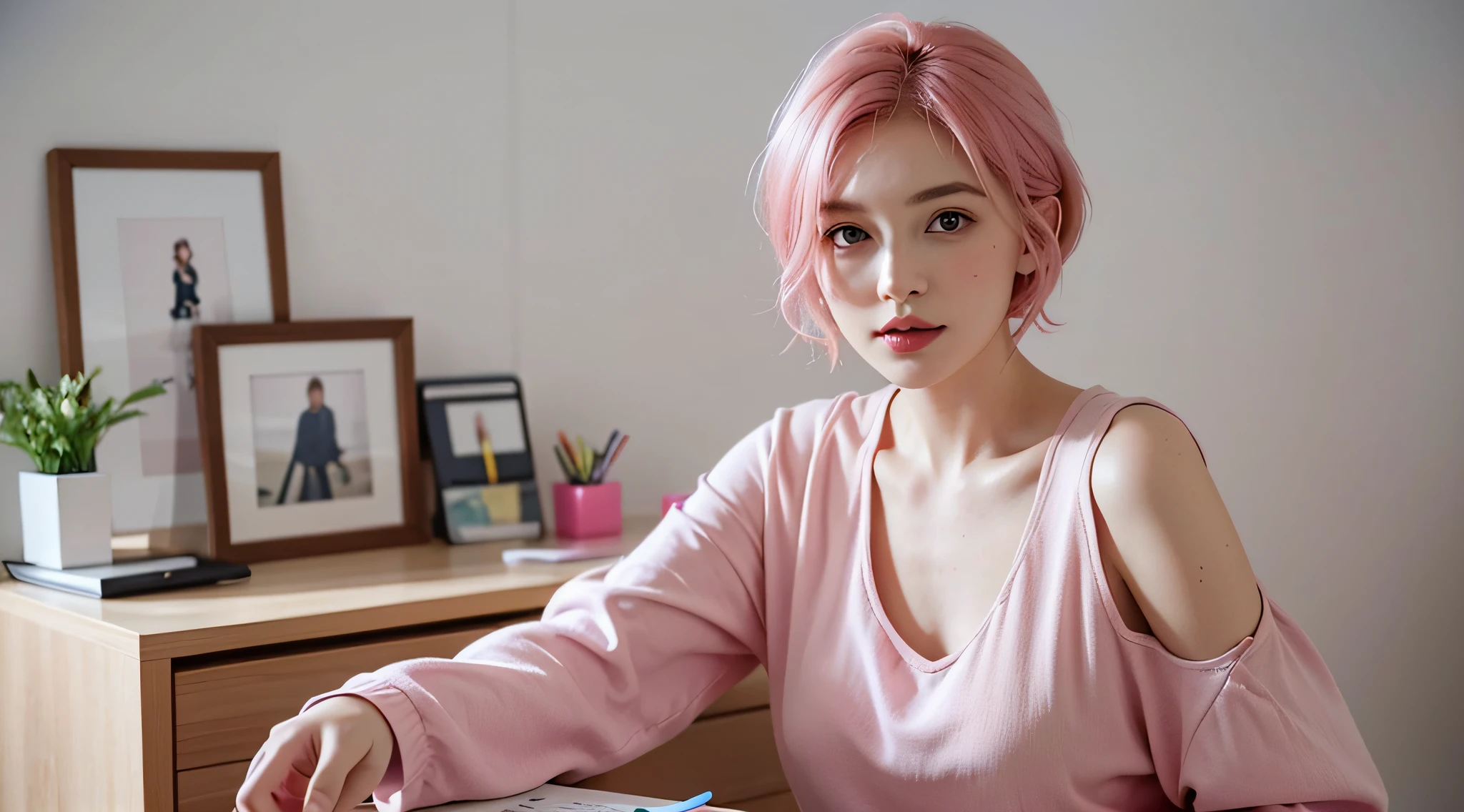 photo of a woman sitting at a desk with money stacks , cute girl with short pink hair, jovana rikalo, full subject shown in photo, professional image, creative Youtuber with whiteboard , medium portrait, wide portrait, young business woman, color portrait, with pink hair, high quality portrait, white board in the background, aleksandra waliszewska