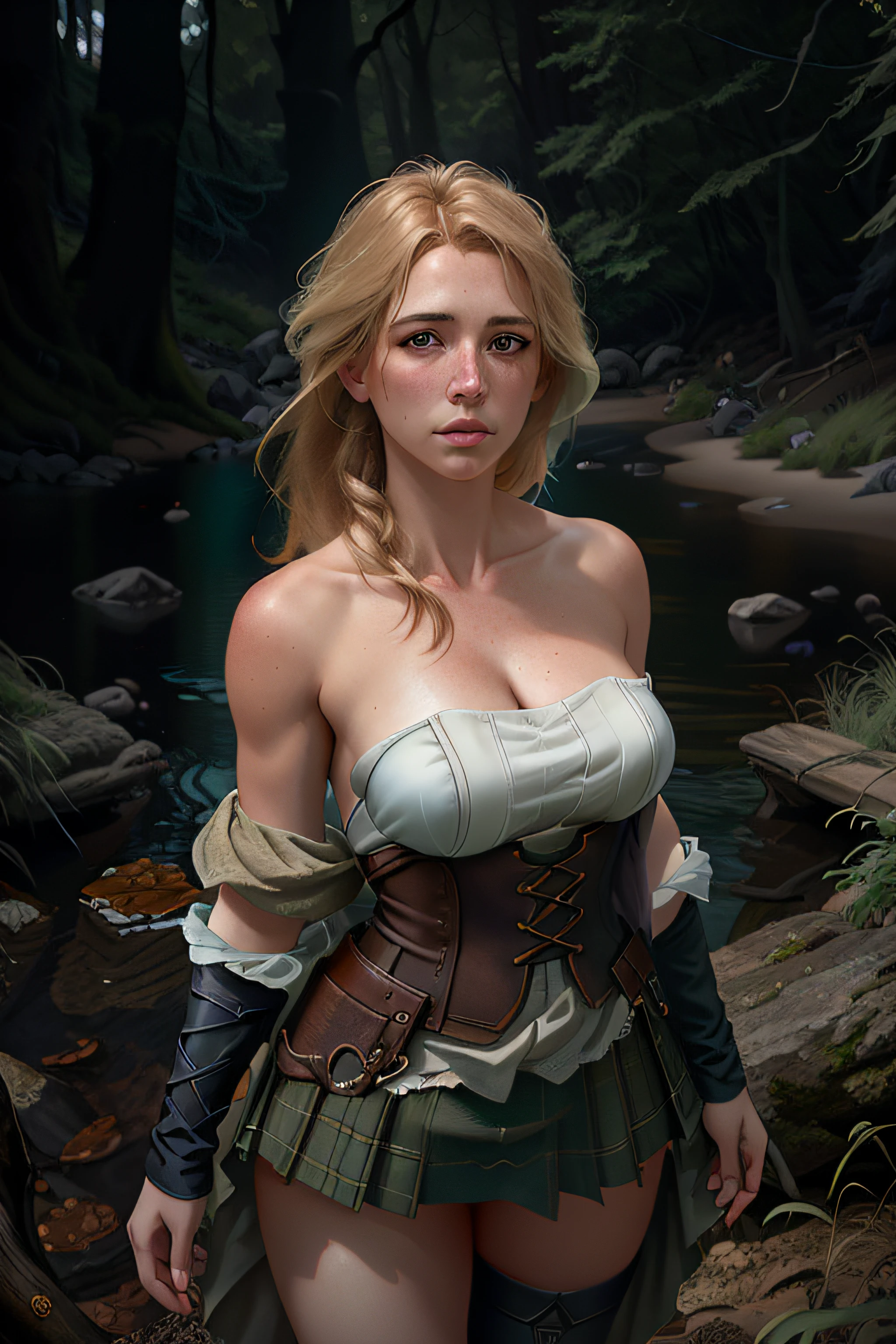 eris award winning photo, best quality, masterpiece, upper body, woman, freckled face, windblown blonde hair, emerald eyes, modern strapless dress by Jeremy Lipking, by Antonio J. Manzanedo, by lee jeffries nikon d850 film stock photograph 4 kodak portra 400 camera f1.6 lens rich colors hyper realistic lifelike texture dramatic lighting unreal engine trending on artstation cinestill 800, fisheye lens, Style-Kilt, windy beach, scottish loch, forest, topless, show naked breast and pussy