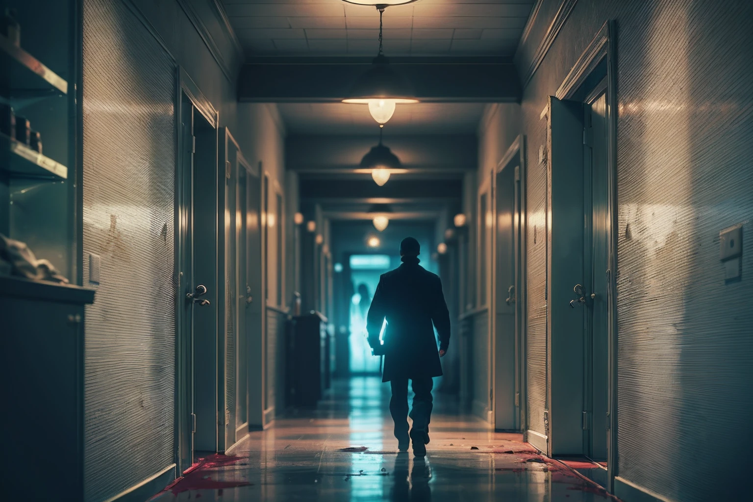 mysterious man, silhouette, room,hall, crime scene, blood, spooky place, wide --auto --s2