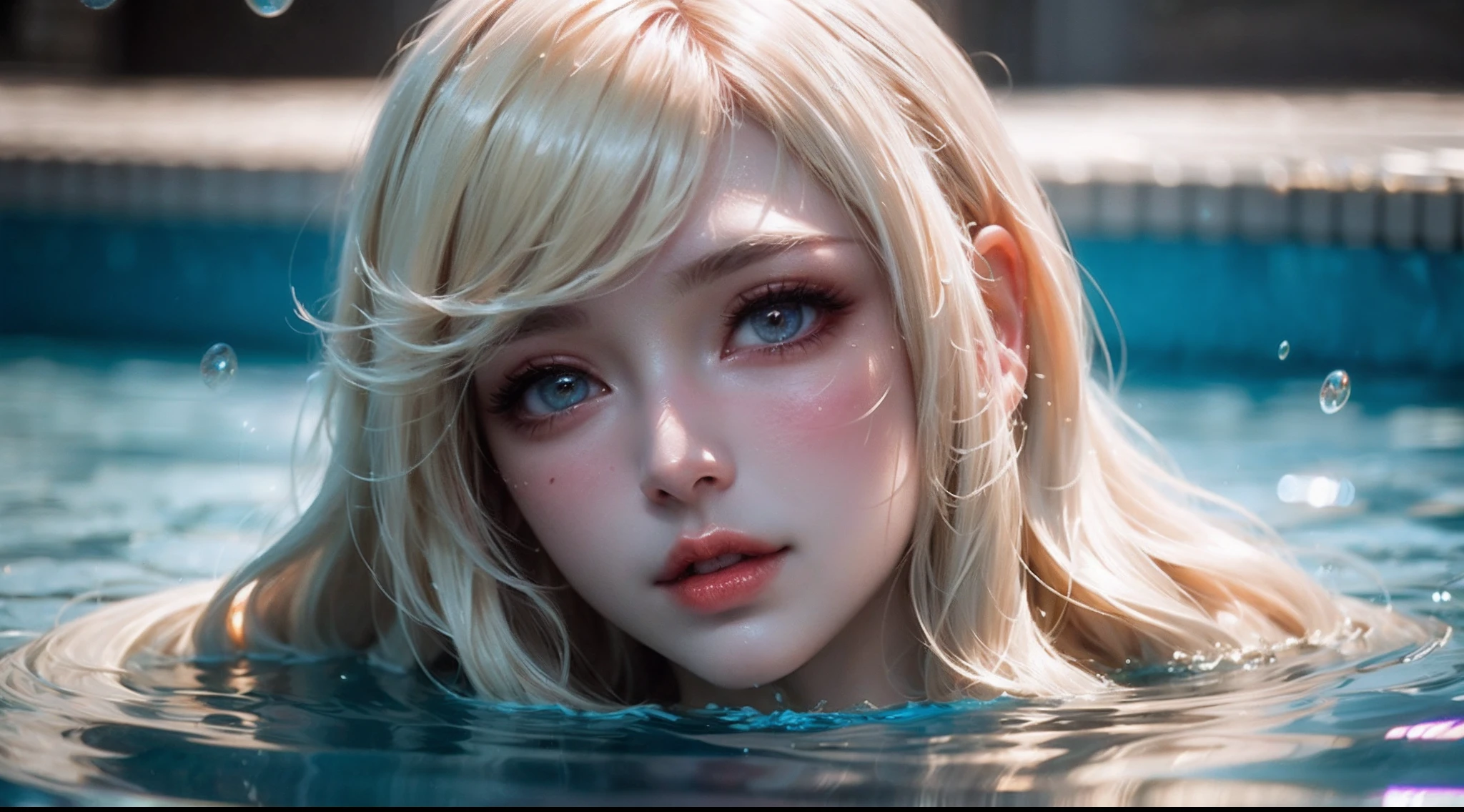 pool、Wet hair and messy hair、Beauty half out of the water、Red and blue face lines、Feminine expression)(Blonde hair:1.3), (A lot of hair:1.3), (detailed hairs:1.2),Water surface details depict reflected light，Sparkling particles of light，Perfect lighting