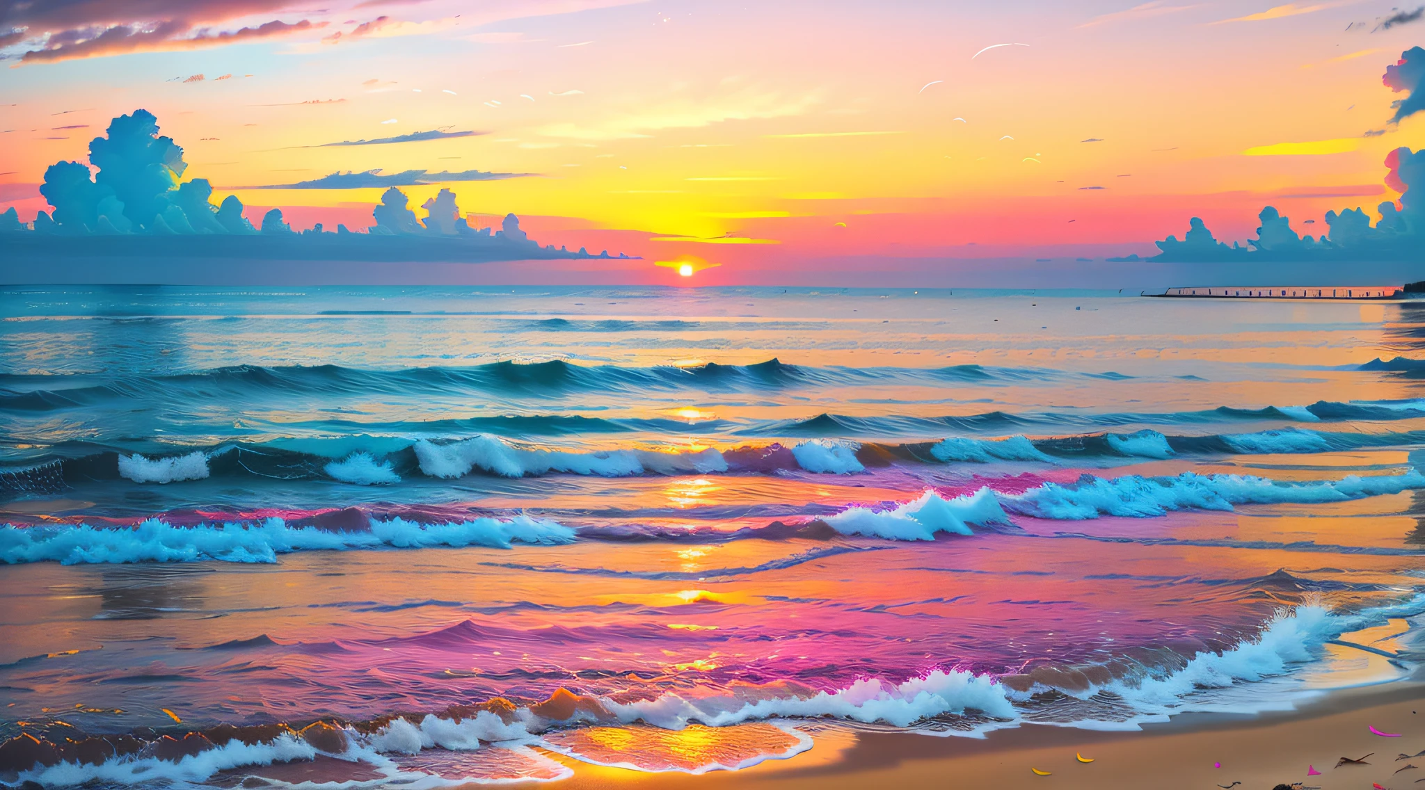 pink there、yellow、an orange、mingles to fill the sky、The sunset over the beach is truly mesmerizing。The crystal clear sea gently kisses the shore、White sand beaches stretch everywhere。Seagulls soar high into the sky、It is a dynamic and breathtaking scene with palm trees gently swaying。Embrace a calm atmosphere、Peace washes you。