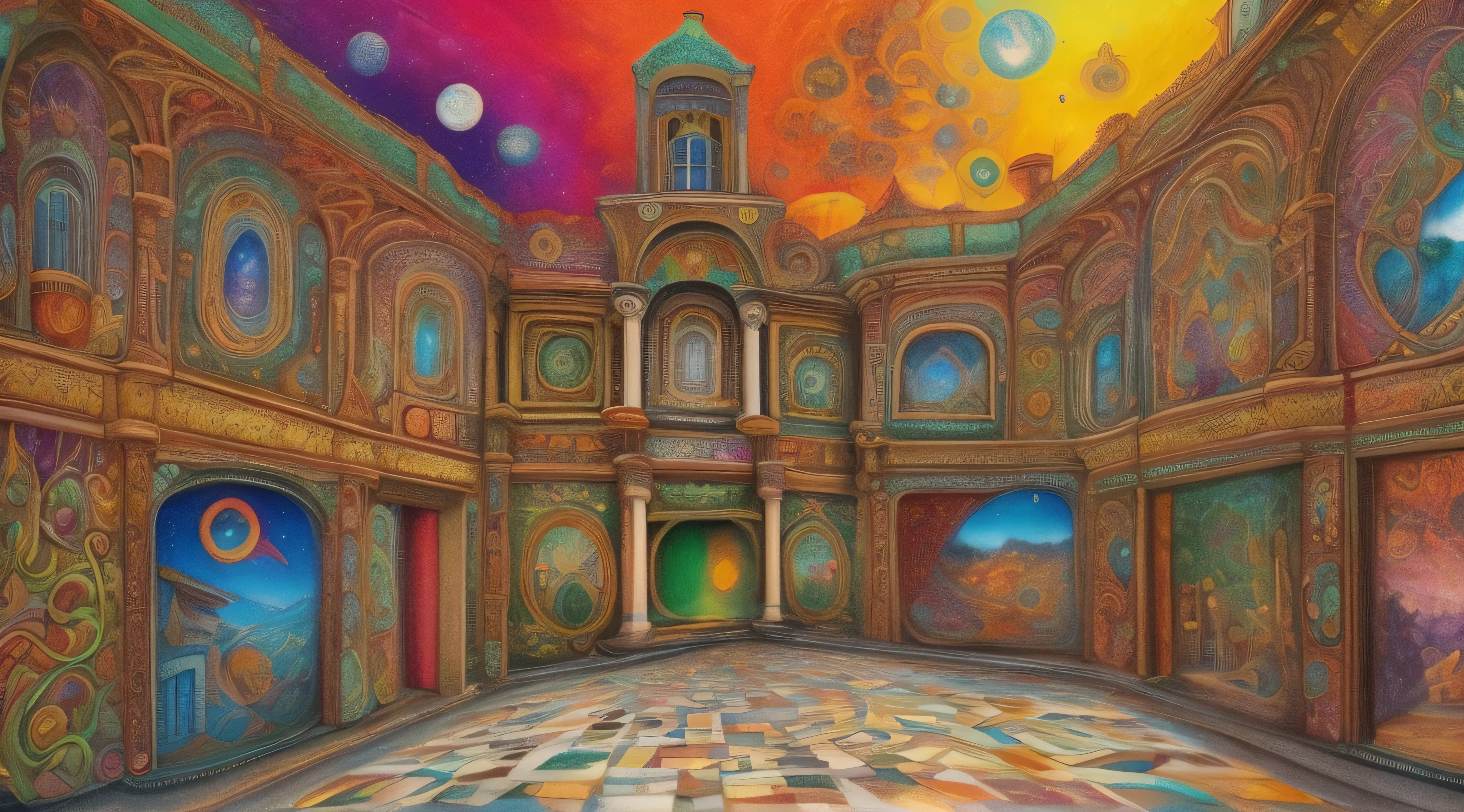 painting of a colorful room with a clock tower and a colorful ceiling, Templo DMT, deepdream cosmic, Sonho profundo, Directed by: Daniel Chodowiecki, psychedelic surreal art, hyper - detailed visionary art, psychedelic architecture, illusion psychedelic art, Arte DMT, hyper detailed visionary art, highly detailed visionary art, dmt space behind, sonho profundo