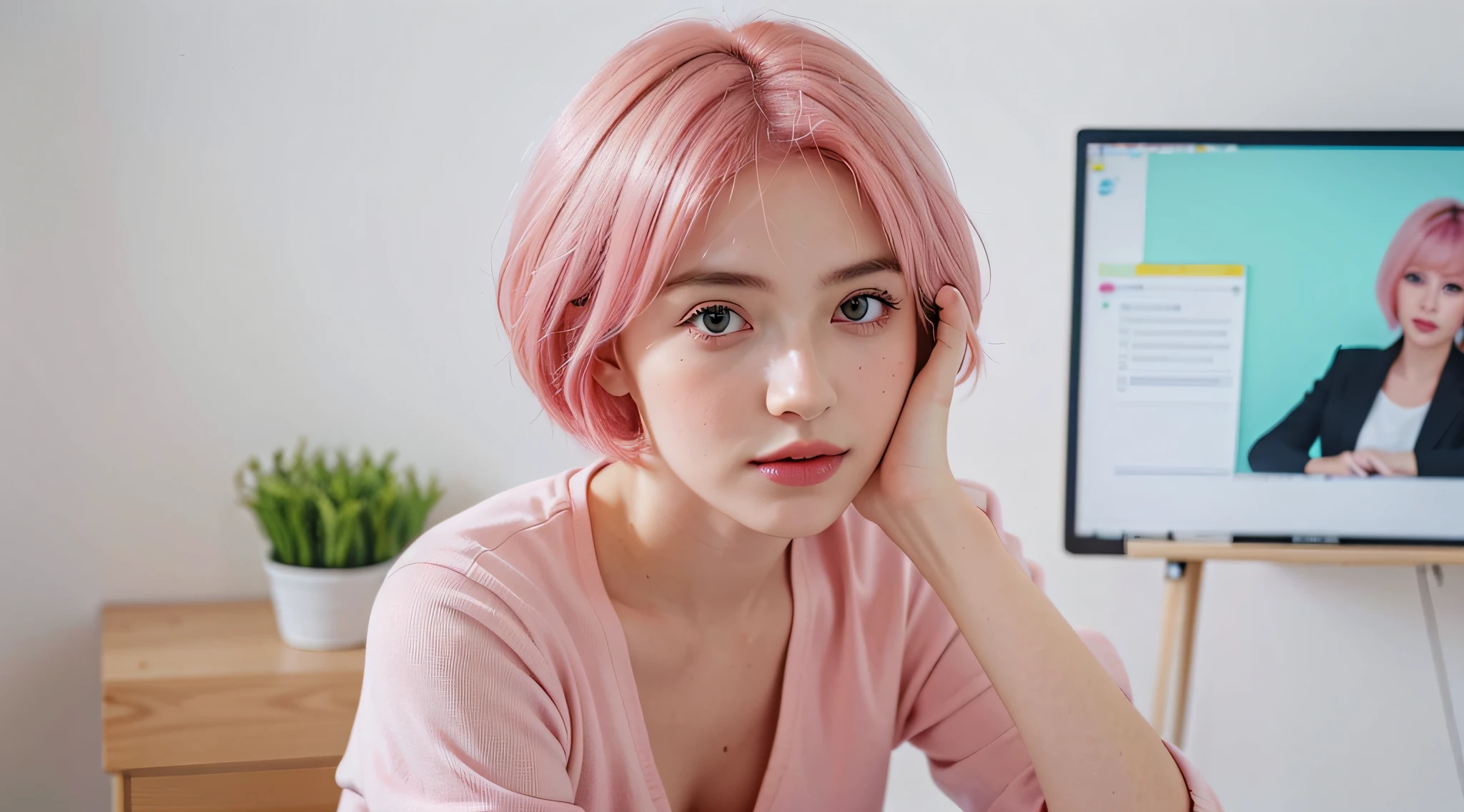 photo of a woman sitting at a desk with money stacks , cute girl with short pink hair, jovana rikalo, full subject shown in photo, professional image, creative Youtuber with whiteboard , medium portrait, wide portrait, young business woman, color portrait, with pink hair, high quality portrait, white board in the background, aleksandra waliszewska