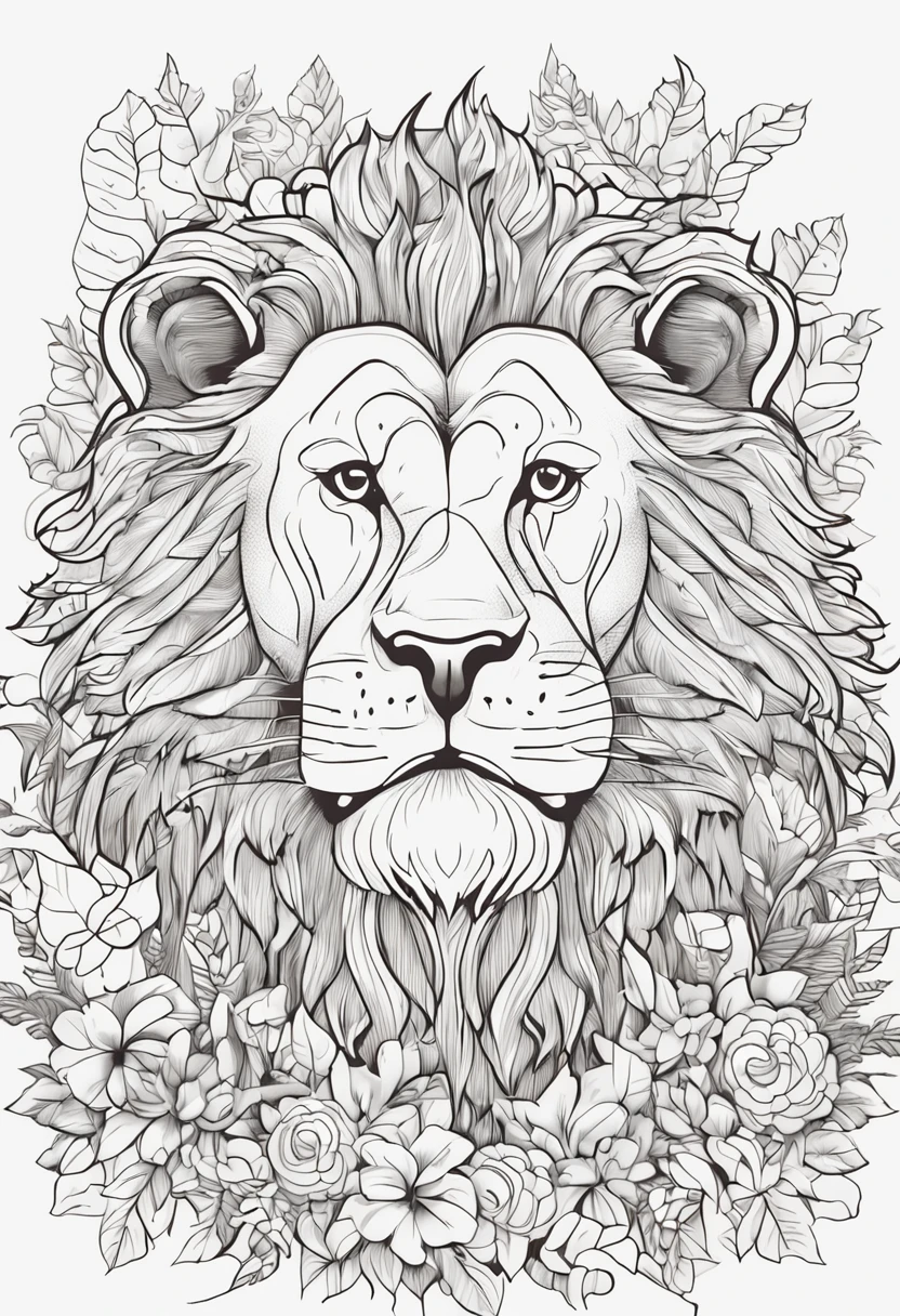 COLORING BOOK OF A LION IN THE FOREST,estilo cartoon,linhas grossas,sem cor,fundo branco,dashes only