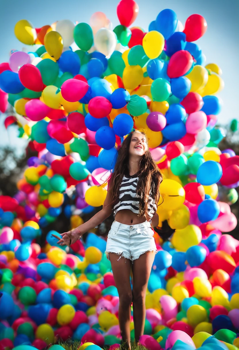 A black and white photo of a girl on her back holding colorful balloons, color effect only on balloons, despreocupado, * salpicos de cor *, salpicos de cor, salpicos de cor, futuro!!, Beautiful image, party balloons, Awesome, Por Irakli Nadar, foto bonito, menina feliz, !!! fotografia colorida, belo tiro, cores juvenis 8K