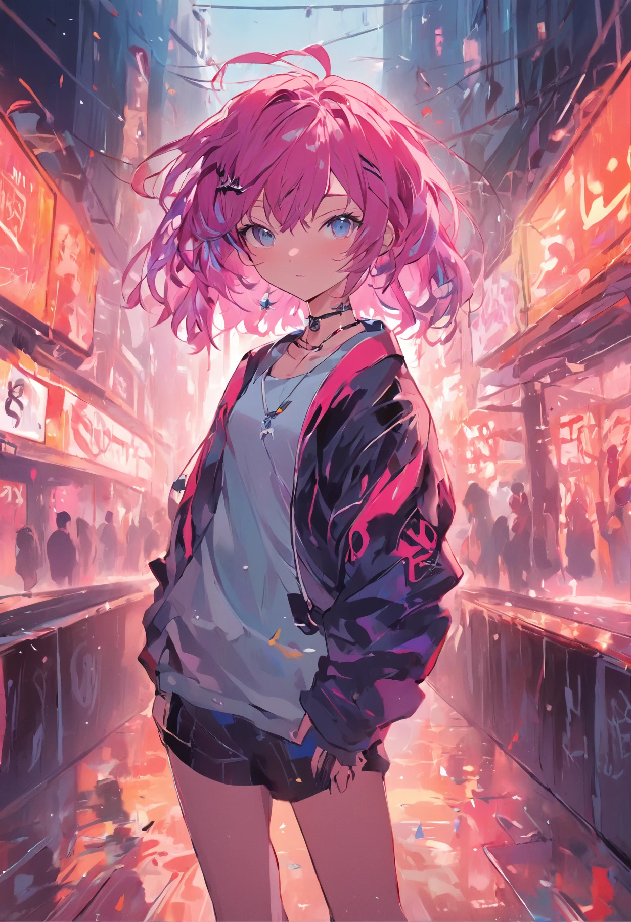 Masterpiece, illustration, high quality, realistic eyes, ultra detailed character, graffiti style, monochrome, multicolored drawing, multicolored hair, looking at camera, portrait, 1girl, stomach cutout, skinny, very short + straight hair, Multiple earrings, choker, chain choker, baggy pants, wind, spray splash, neon sign, UHD, HDR, 8K, best quality, detailed background
