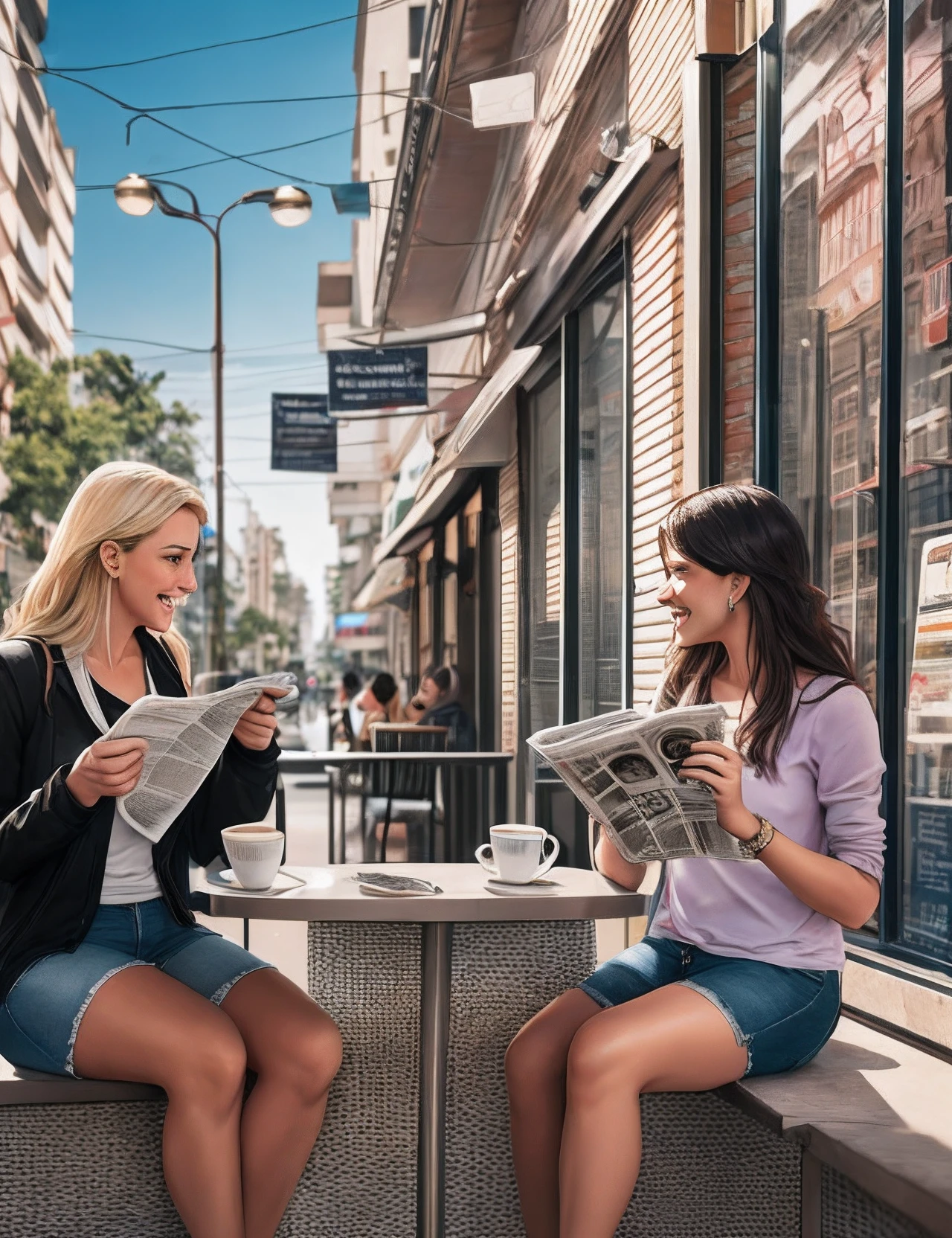 16k hyper-realistic image of two beautiful women, one blonde and the other brunette, drinking coffee in a coffee shop and enthusiastically reading newspapers. Alongside several scenes of social inequalities in the city of São Paulo. -auto --auto --s2