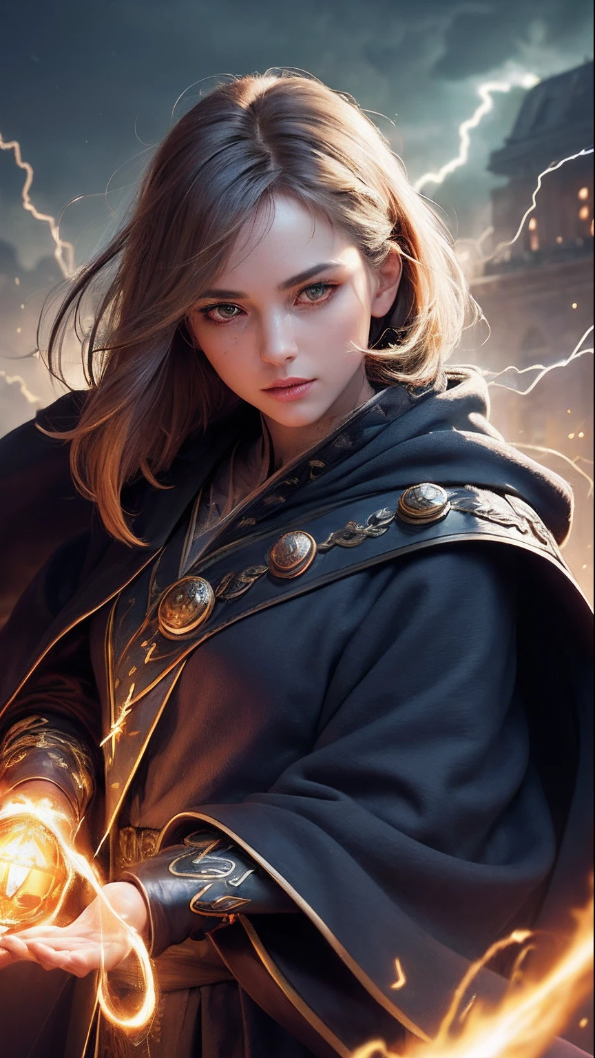 1girl, solo focus, child,  Hermione Granger，realistic， in long hogwarts robes， casting a spell, waving her wand with golden particle effects, lumos maxima against a skeleton soldier in a dark cave, cinematic lighting, trending on ArtStation, by Irakli Nadar, Greg Rutkowski，(((best quality))),(((ultra detailed))),(((masterpiece)))