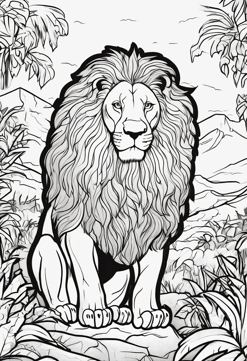 Create a lion in the forest image using bold black lines for an adult coloring book