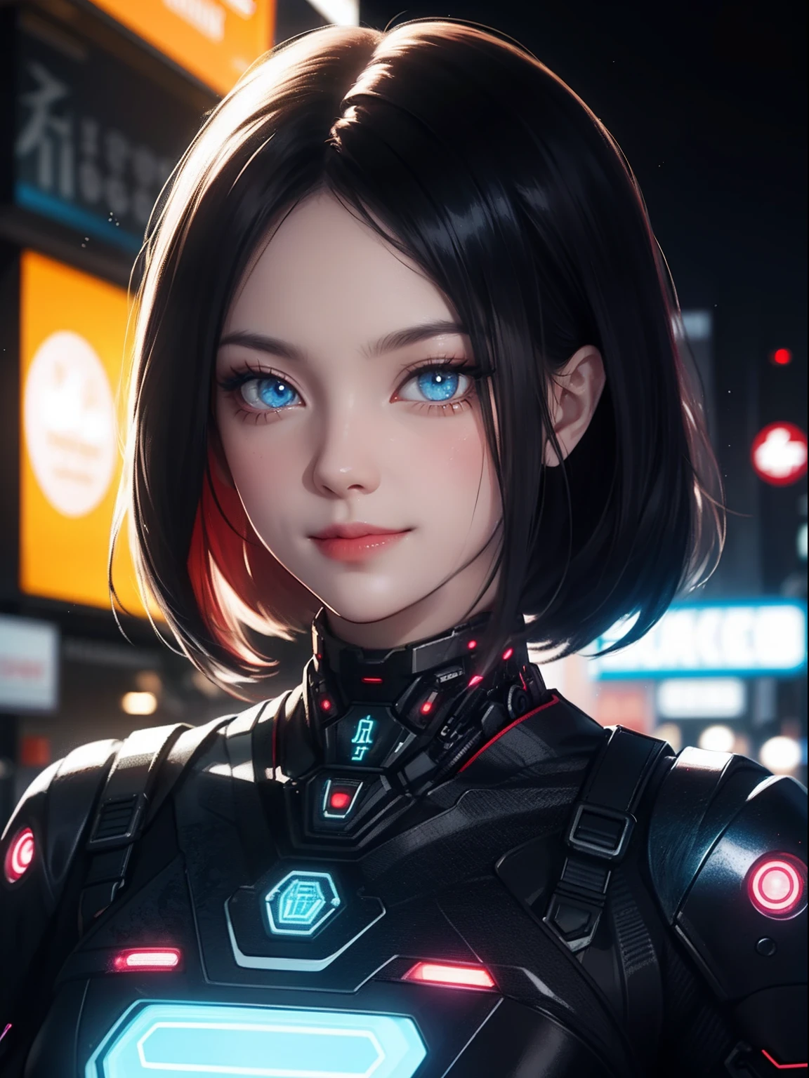 A woman in a futuristic suit with blue eyes and a red light - SeaArt AI