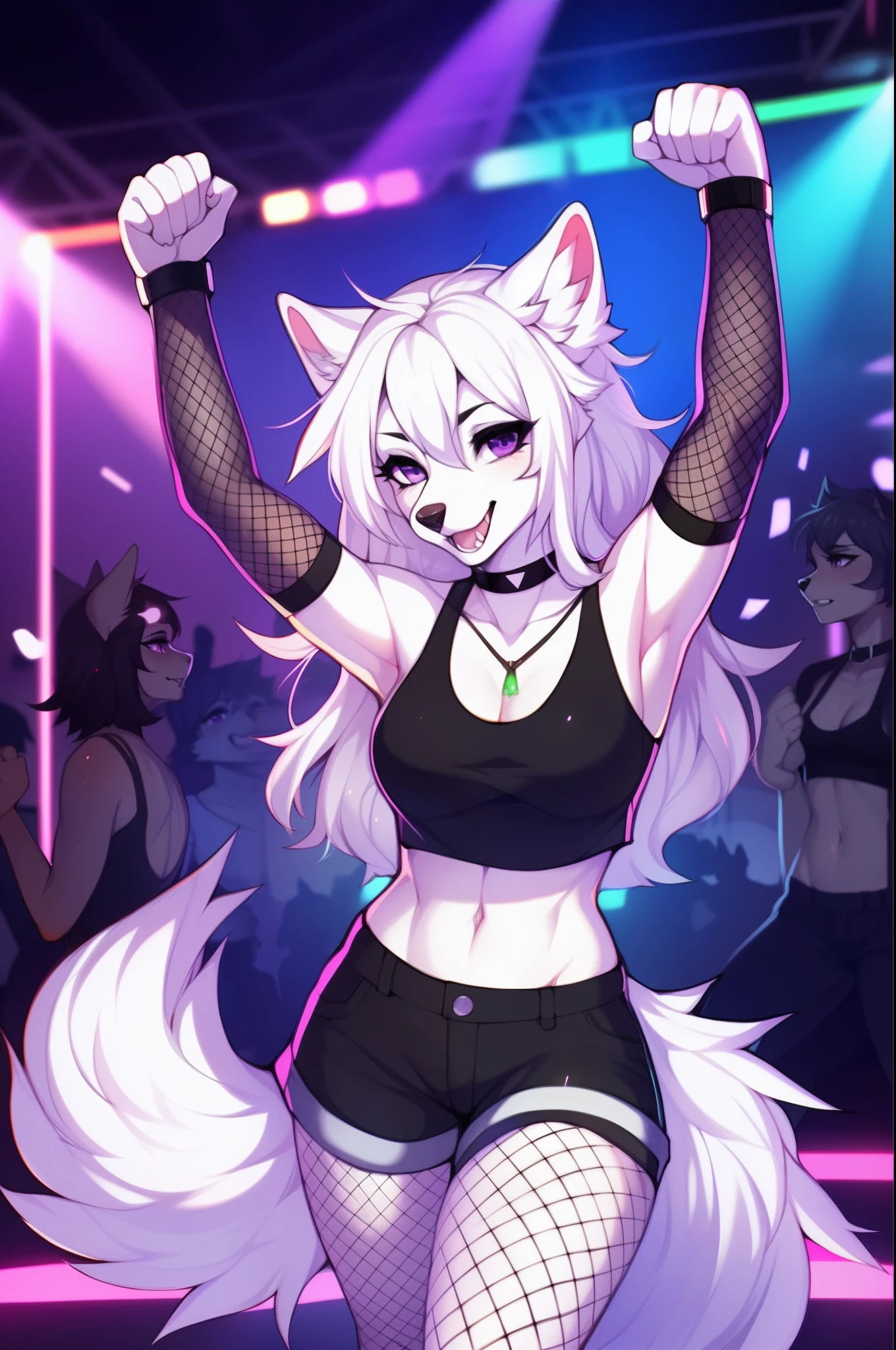 Solo, a female white wolf, feminine, long white hair, purple eyes, black nose, cute snout, white wolf tail, white fluffy ears, wearing black tank top, black shorts, fishnets on legs, fishnet arm warmers, purple eyes, mouth open, smiling, raised eyebrows, dancing at a rave party, large detailed warehouse, on the dance floor, surrounded by people, flashing lights, glowing purple bracelets on wrists, glowing green necklace, by hyattlen, by claweddrip, by fumiko, high quality, good anatomy, nice hands, 5_fingers:1.1, clenched fists, canine teeth
