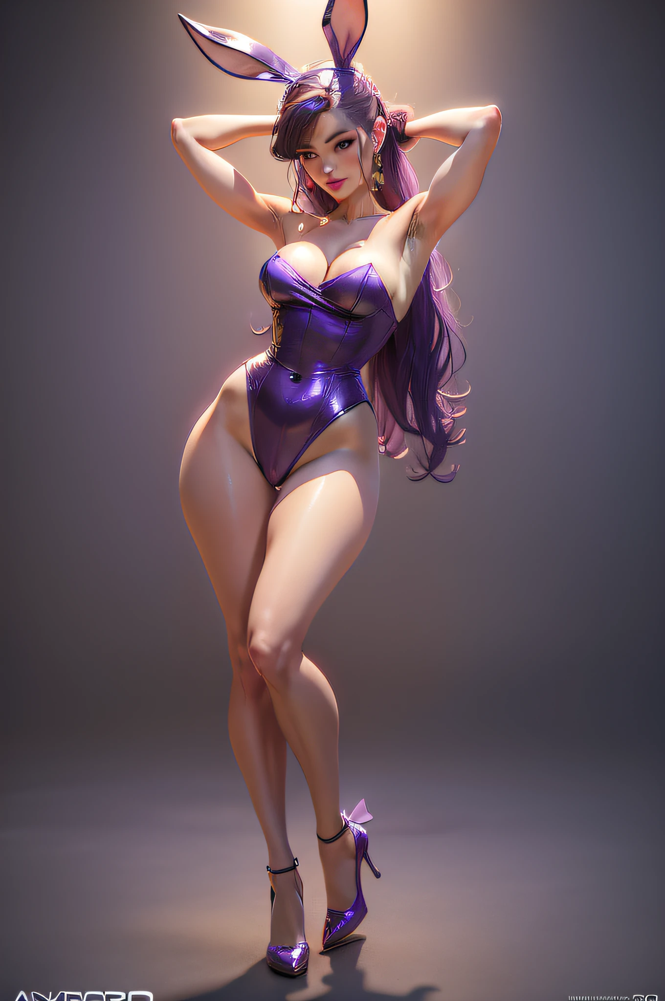 arafed woman in a purple bunny suit posing for a picture, 3 d render character art 8 k, full body cgsociety, wlop glossy skin, deviantart artstation cgscosiety, pinup pose, character is in her natural pose, sexy pose, pinup body, character posing, style artgerm, smooth 3d cg render, artstation masterpiece