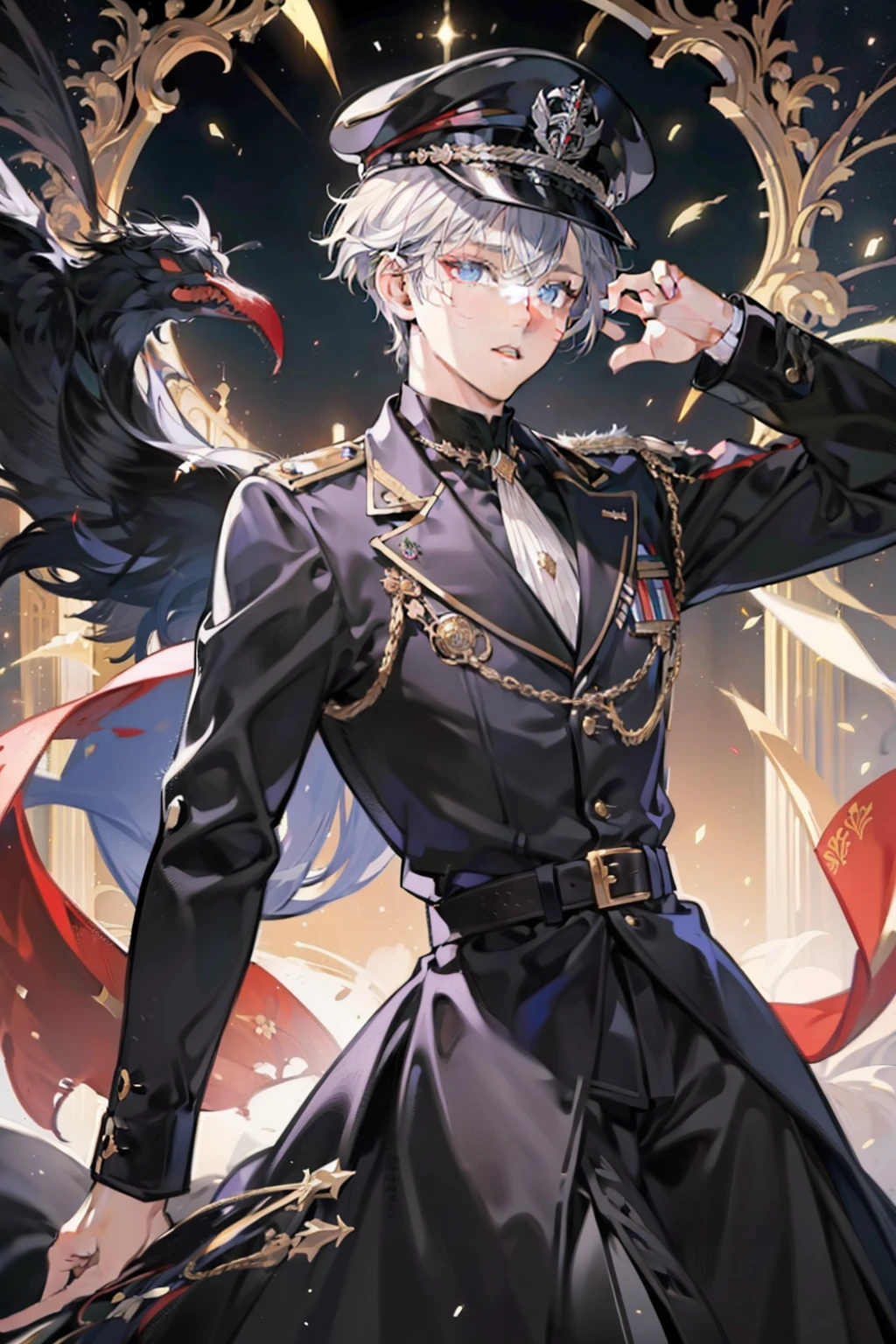 Meisterwerk, best quality, Ultra-detailliert, 4k quality, ausdrucksstarke Augen, Perfektes Gesicht, Perfekte Anatomie, Perfect Body, realistisch, 1Junge, reifer Junge, full entire body, kurzes schwarzes Haar, blasse Haut, Rote Pupillen, Narbe im Gesicht, Detaillierte Augen, Perfekte Augen, silberne Ohrringe, Detaillierte Lippen, Er sitzt auf schwarzem Marmorthron, Black high-level military uniform with silver and gold accessory, Peaked cap, Male Emperor, Ruler of the kingdom, somber atmosphere, gekreuzte Beine