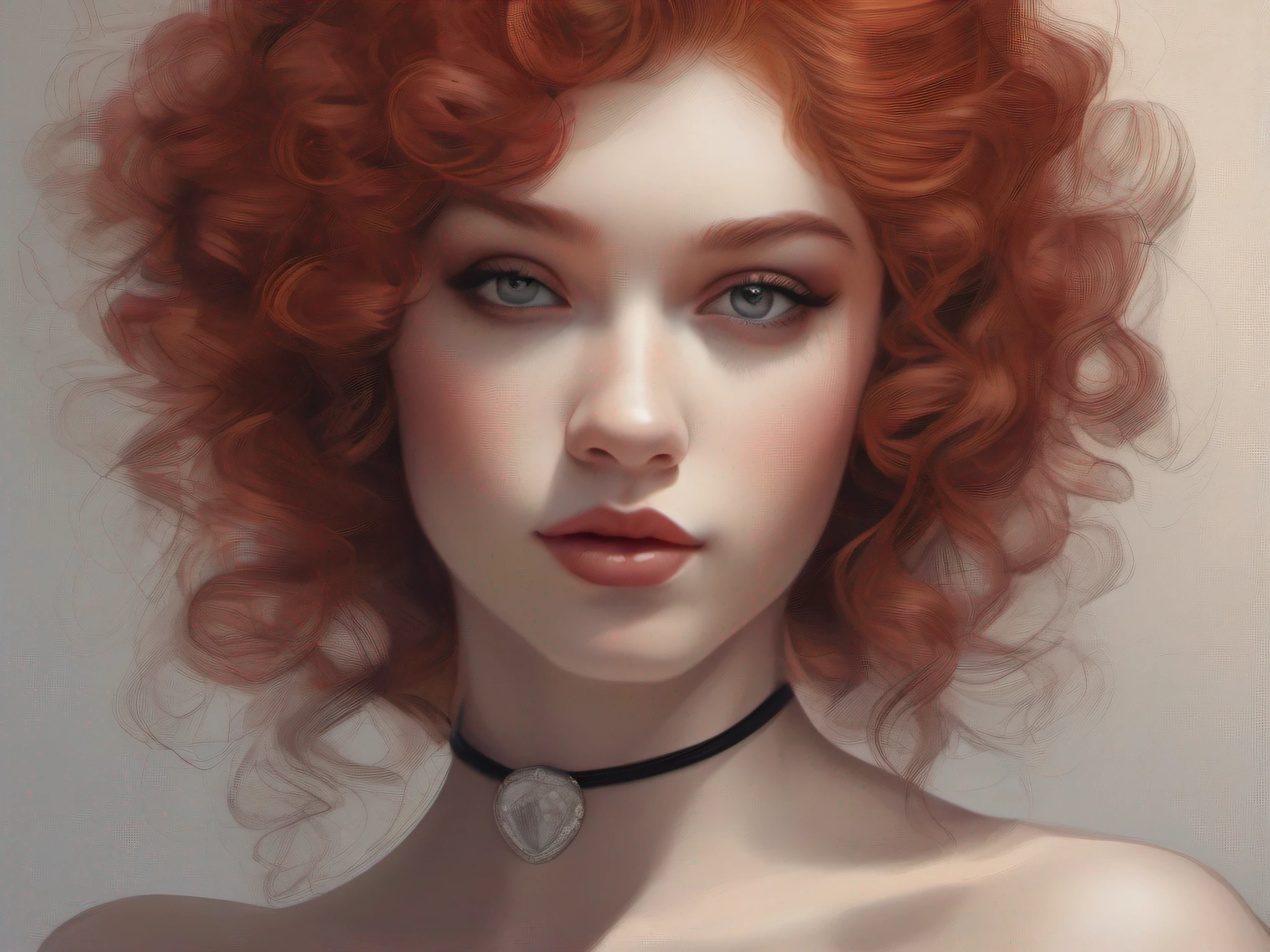European Features, Nanette Fluhr, Somatou Style, 15 year old sexy hot beauty, curly red hair, pencil lines, the scene is depicted in a realistic style, Portrait, with a somber sort of elegance, Victorian-inspired illustrations, elegant lines and shading, Minimalist background