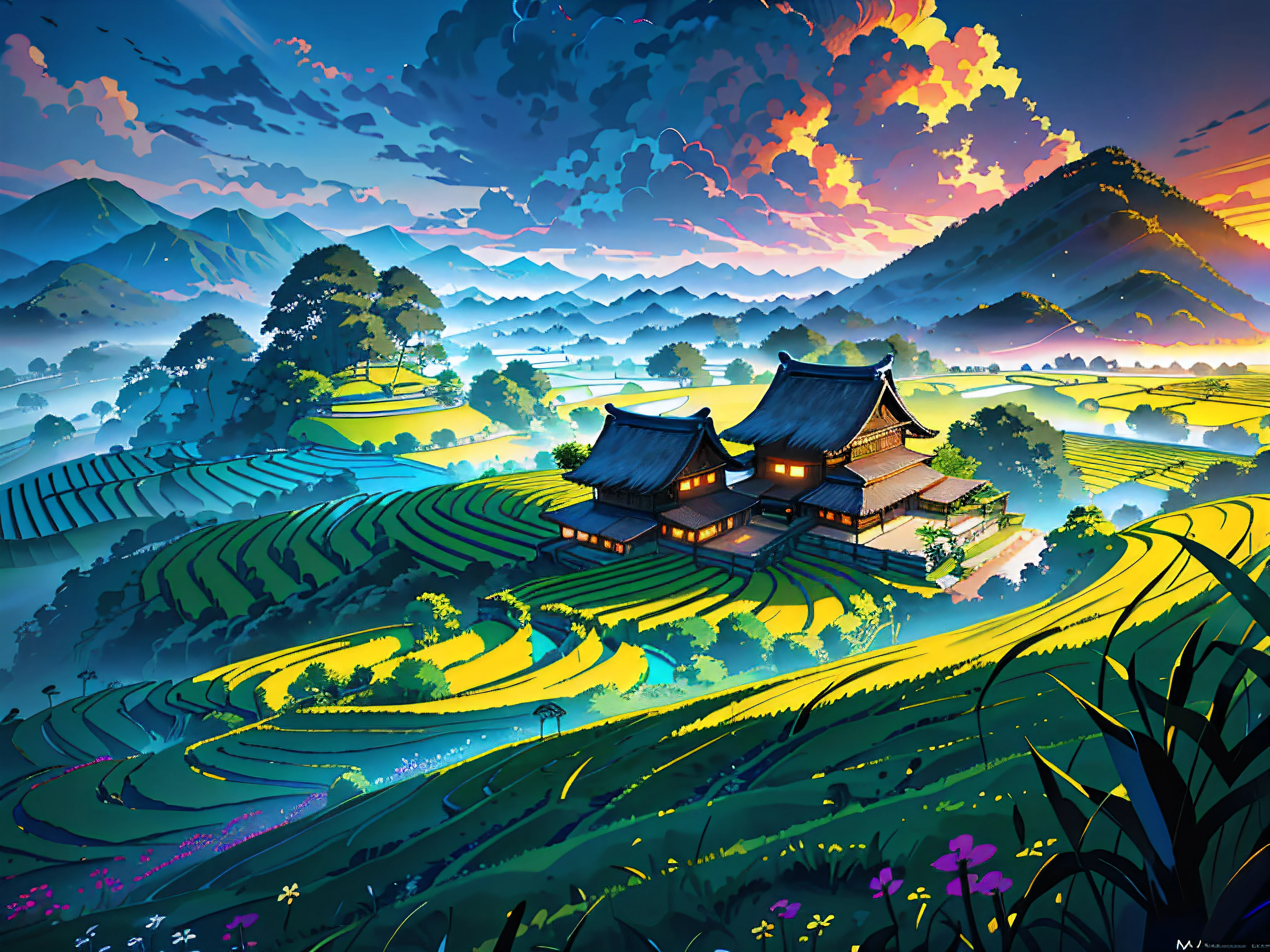 Large expanses of terraced fields, mountains, huts, with rice fields, rice fields, neat rice seedlings in the fields, misty rain, villages, agriculture, in the tranquil landscape, misty weather, in the vast tranquil landscape, in the early morning, in the morning mist, behind a small village, mist, Japanese countryside, thatched roofs girl looking at that scene,8k, best quality, dark shot, digital render, professional, 4K,Detailed,Realistic,4k highly detailed digital art,octane render, bioluminescent, BREAK 8K resolution concept art, realism,by Mappa studios,masterpiece,best quality,official art,illustration,ligne claire,(cool_color),perfect composition,absurdres, fantasy,focused,rule of third