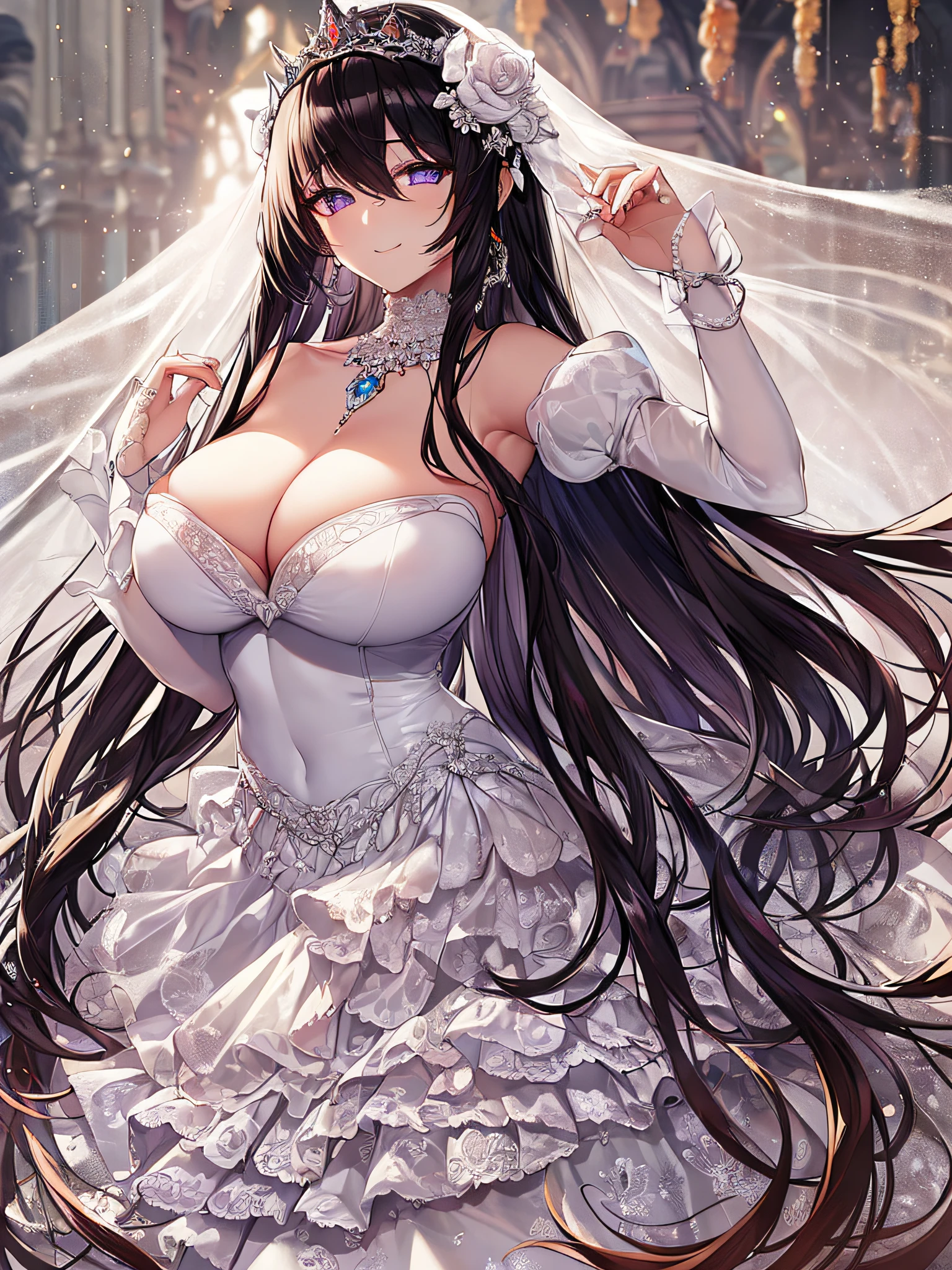 ((anime artstyle)),Masterpiece,Best Quality,Super Detail,Very Delicate and Beautiful,Solo,((full body)),((1 arrogant queen wearing beautiful embroidery gorgeous stately white wedding dress with voluminous crinoline hoopskirt)),(gigantic tits,Long tits,skindentation),jewel-like eyes,(((arrogant,haughty))),dominant pose,(haughty smile),Sharp eyes,Purple eyes,((Bangs between eyes,voluminous straight hair,extremely Long straight Hair)),black hair,gorgeous embroidery and lace,enormous puffed sleeves,luxury hair ornament,extremely gorgeousfull jeweled tiara,long train,bling-bling gorgeous gemstone jewelry,long wedding veil,detailed face and eyes,full body,((beautiful embroidery gorgeous stately white wedding dress with voluminous crinoline hoopskirt))